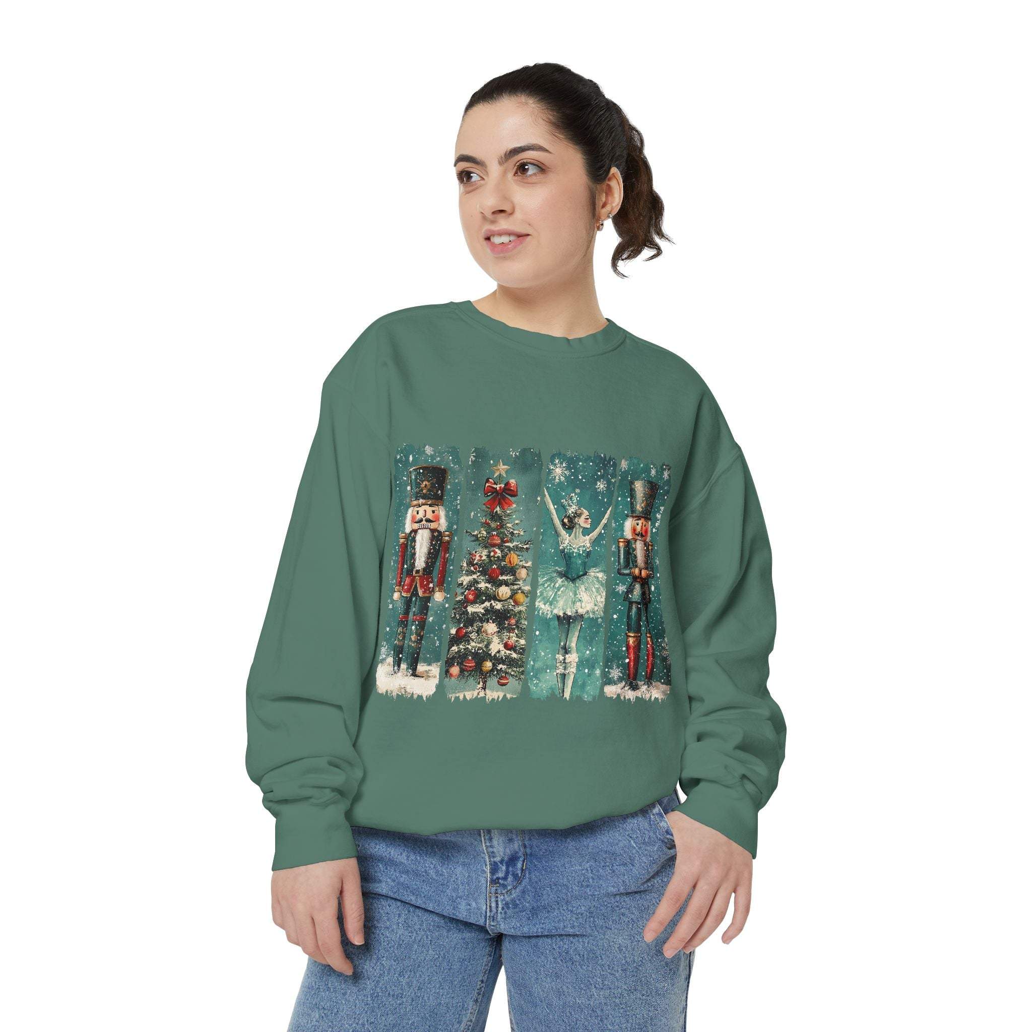 Woman wearing vintage Christmas nutcracker sweatshirt with watercolor nutcracker and holiday design