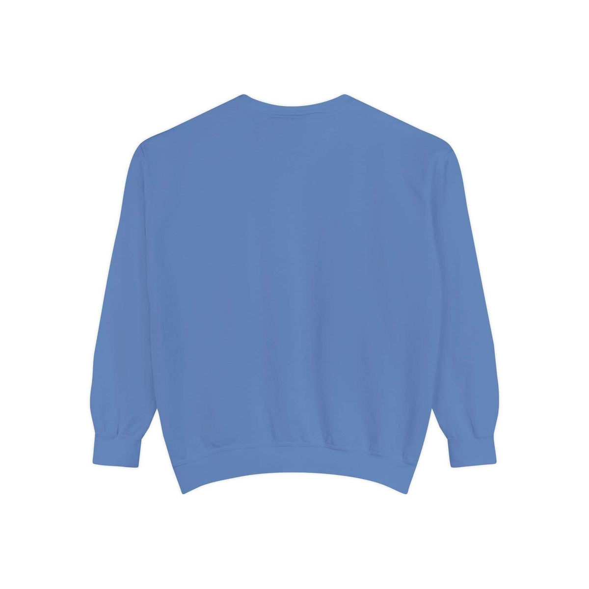 Back view of blue unisex garment-dyed sweatshirt with relaxed fit and ribbed cuffs