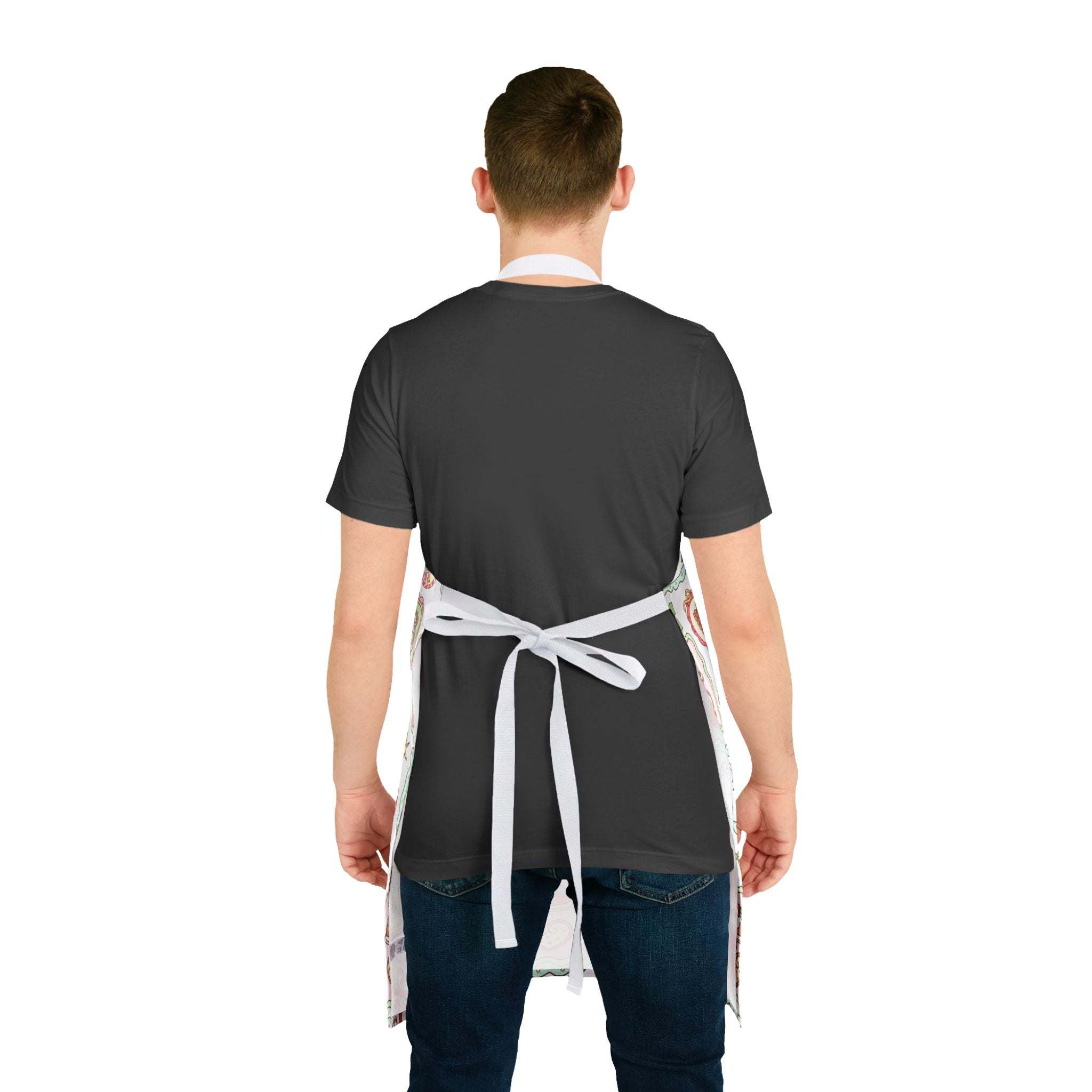 Back view of person wearing Retro Christmas Frames apron with white tie-back straps