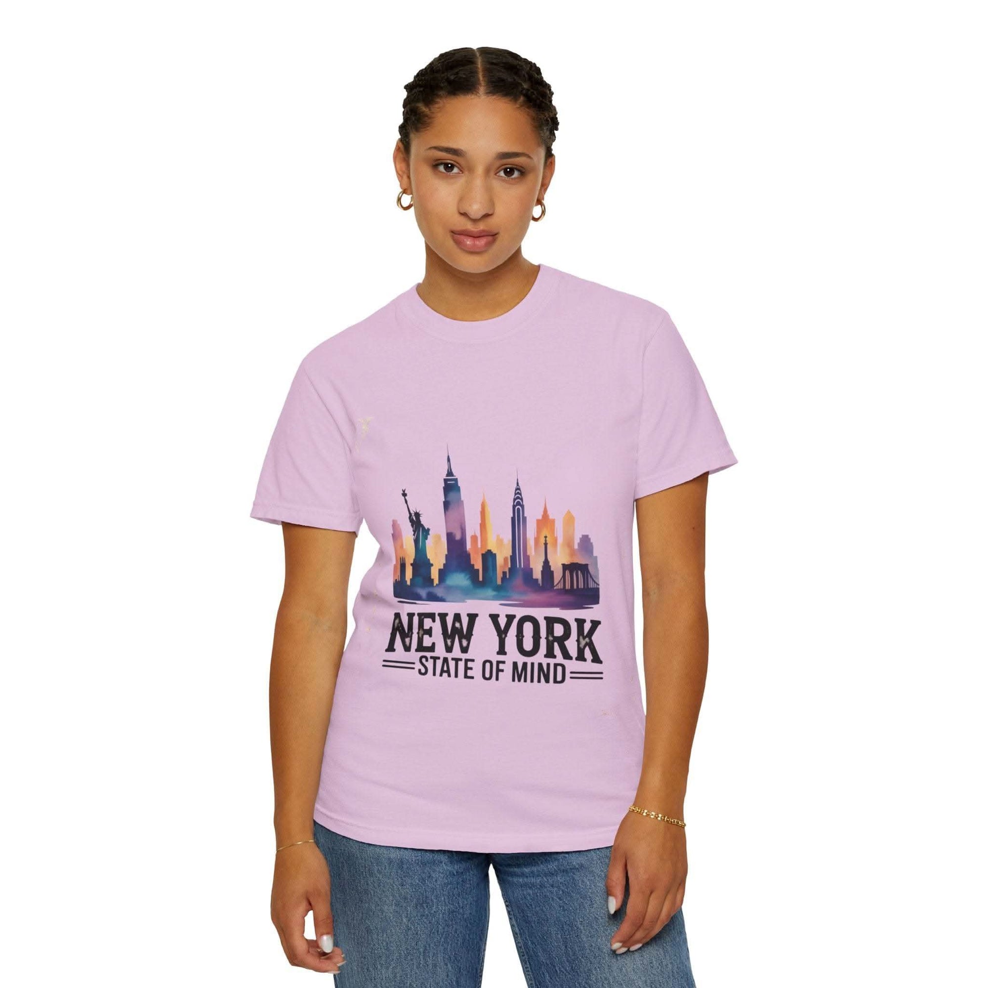 Garment-dyed T-shirt with New York State of Mind design and city skyline on a relaxed fit model