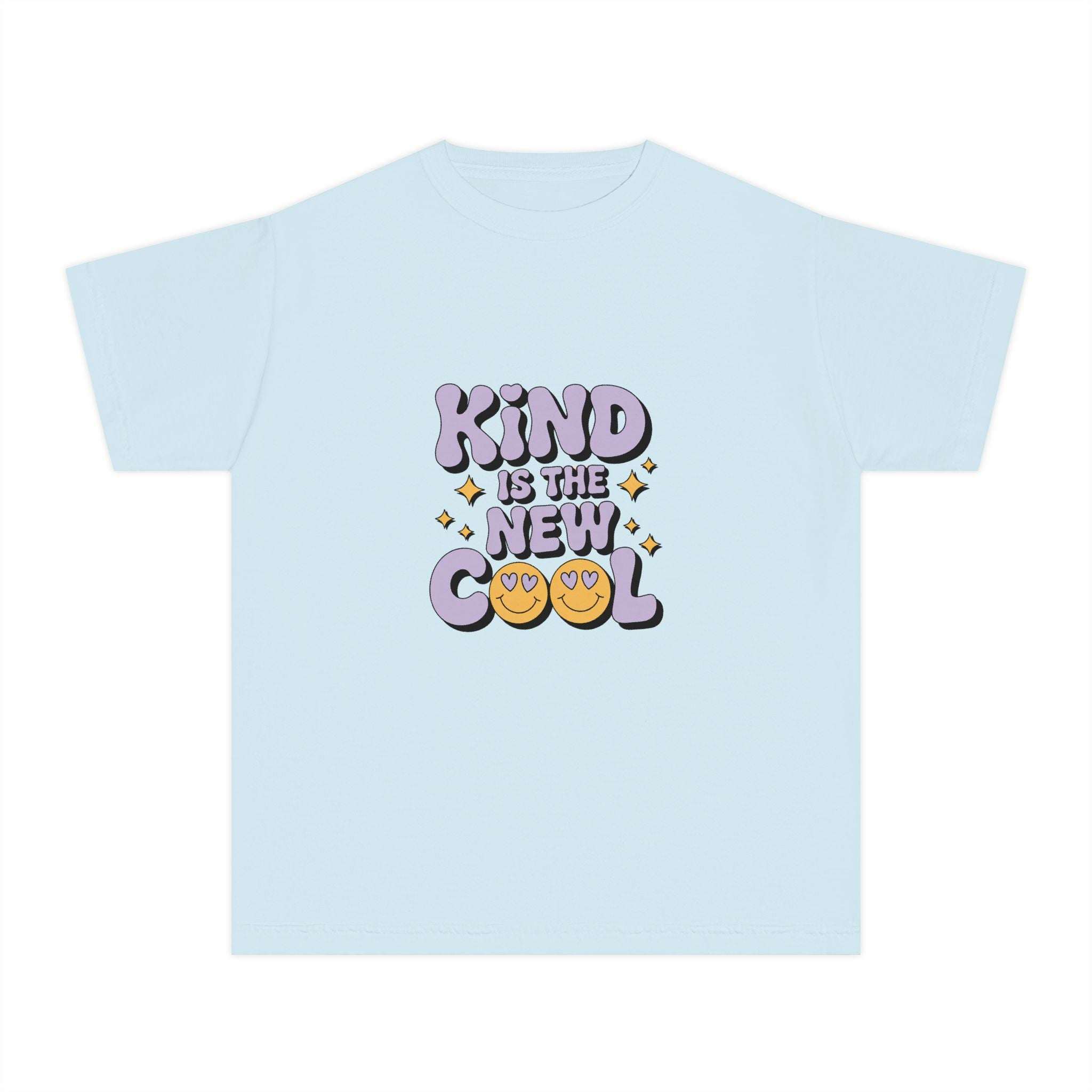 Black youth tee with 'Kind is the new Cool' print, by Printify, perfect for back-to-school fashion