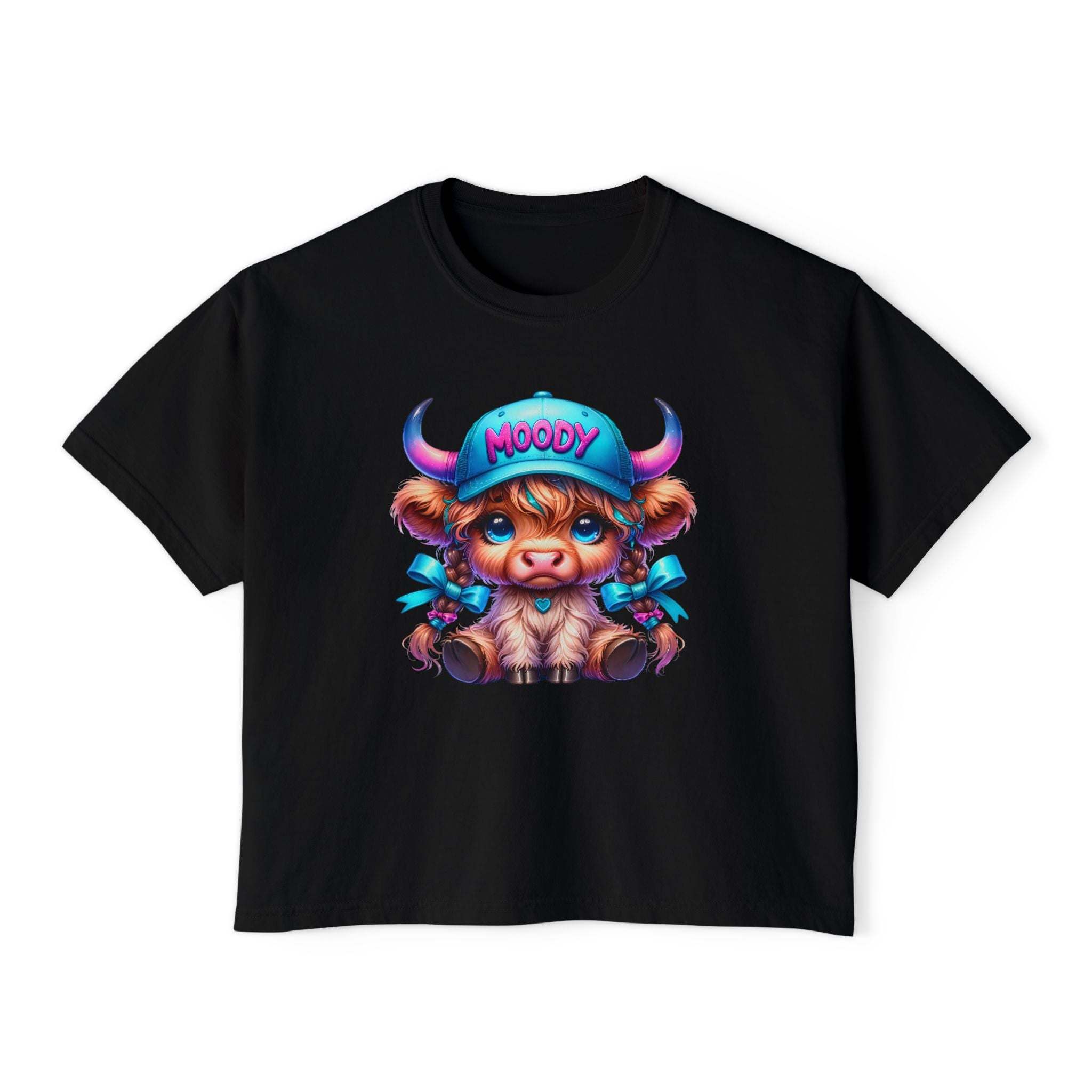 Women's black boxy tee with moody girl highland cow graphic design