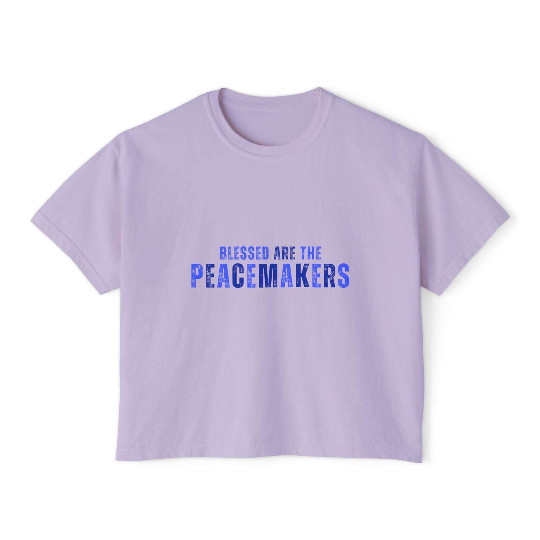 Light purple women's boxy tee with "Blessed be the Peacemakers" text in blue, vintage pigment dye, 100% cotton