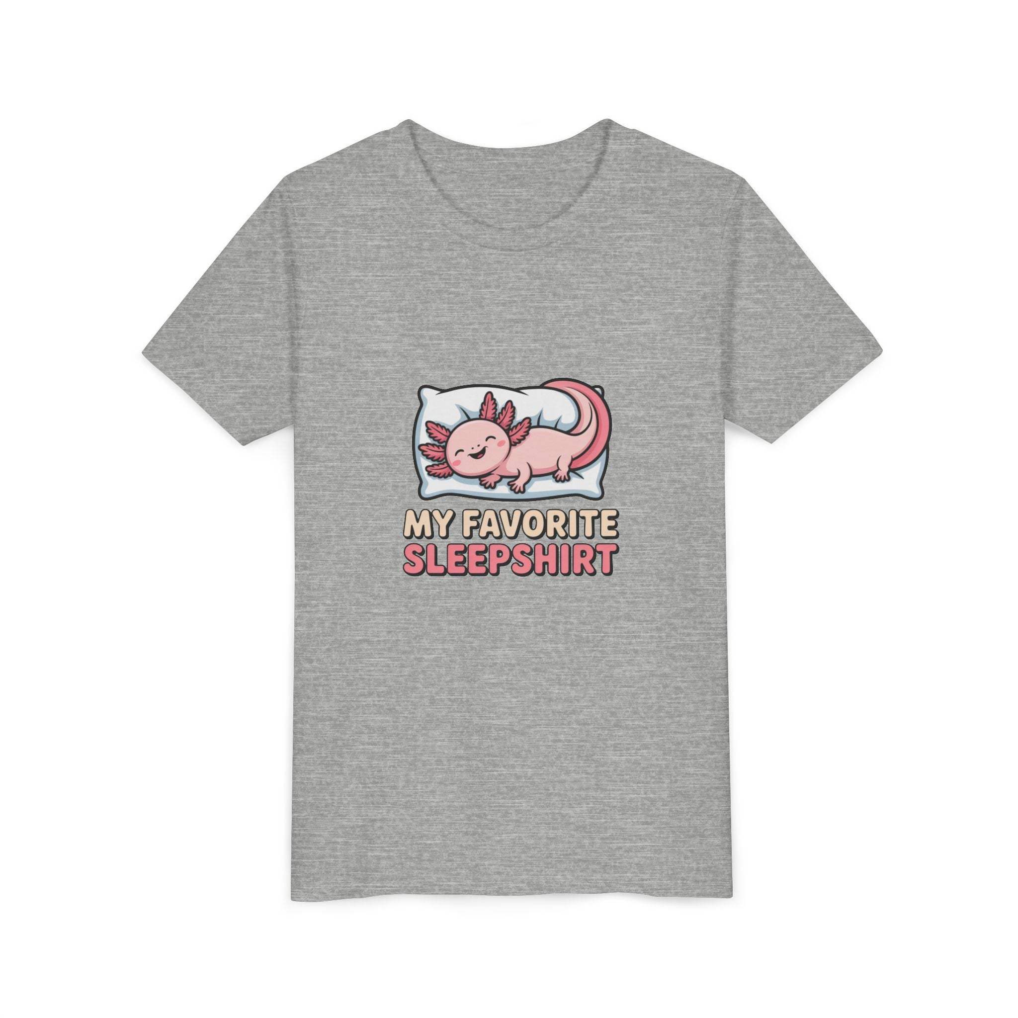 Gray t-shirt with axolotl graphic and text 'My Favorite Sleepshirt' on a white background