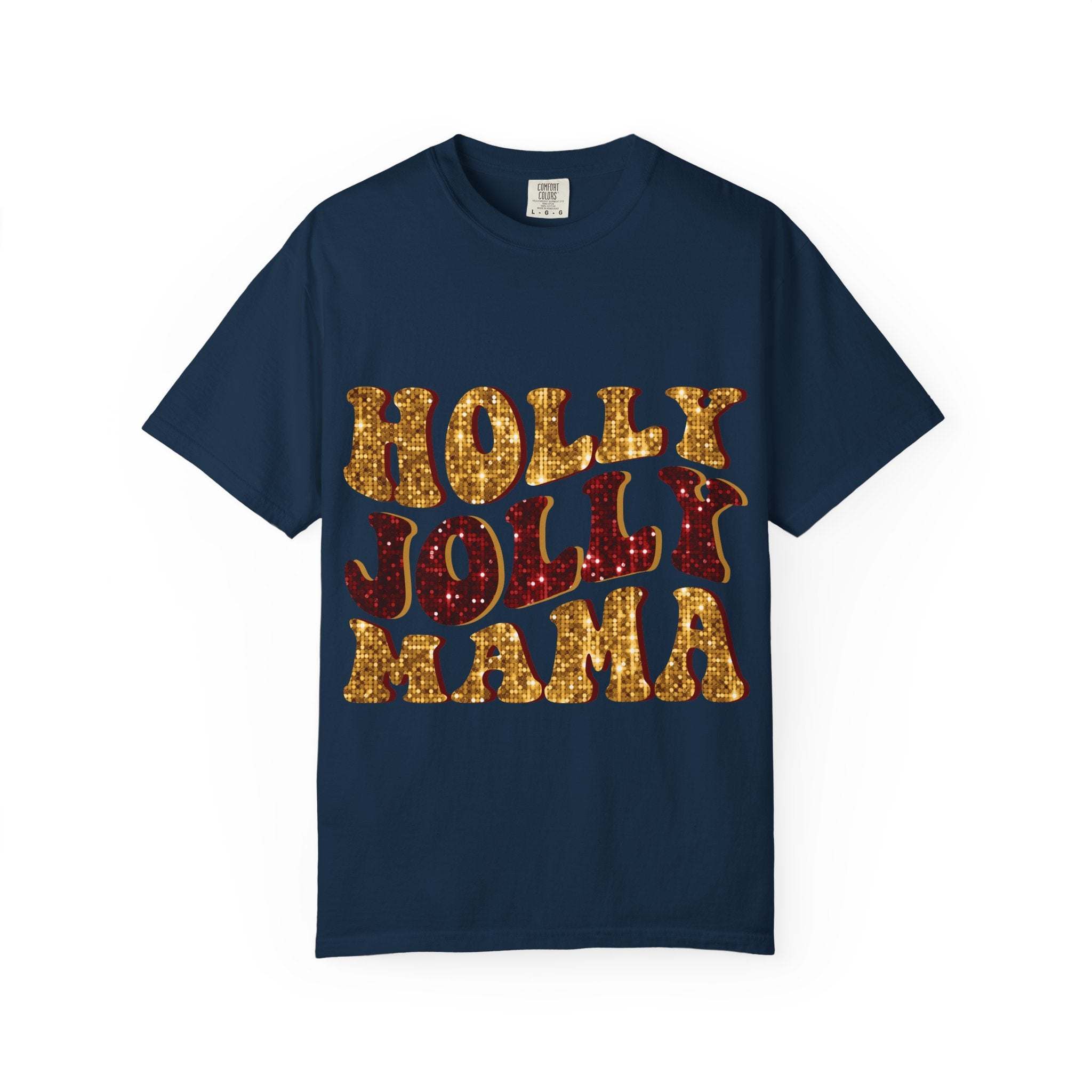 Navy blue Faux Glitter Holly Jolly Mama t-shirt with festive glitter text for moms.