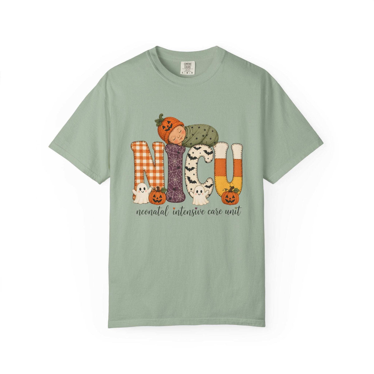 Bay green NICU nurse Halloween T-shirt with patchwork lettering, a sleeping baby in a pumpkin hat, ghosts, and jack-o’-lanterns.