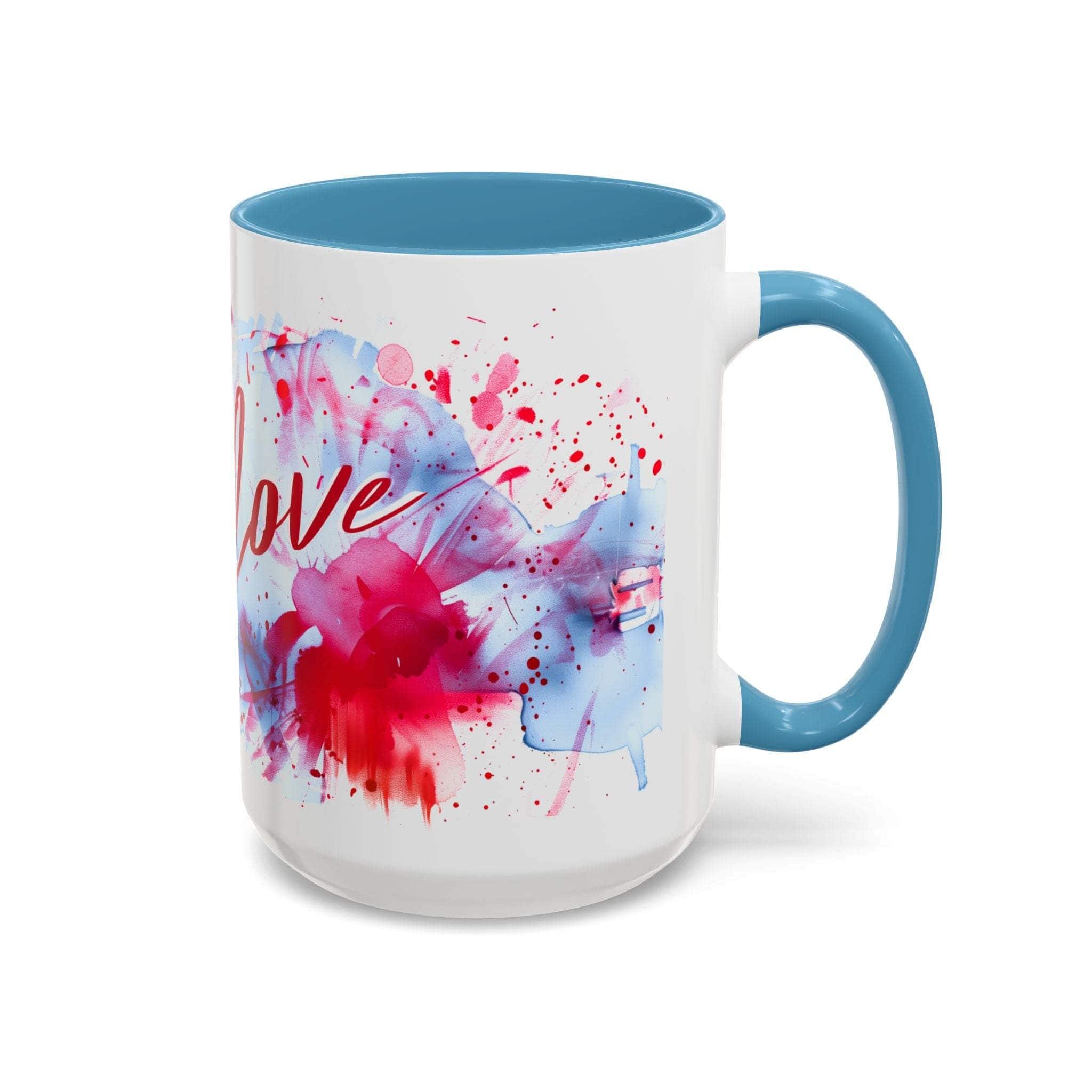 Mug with colorful abstract design and the word 'love' on a white background