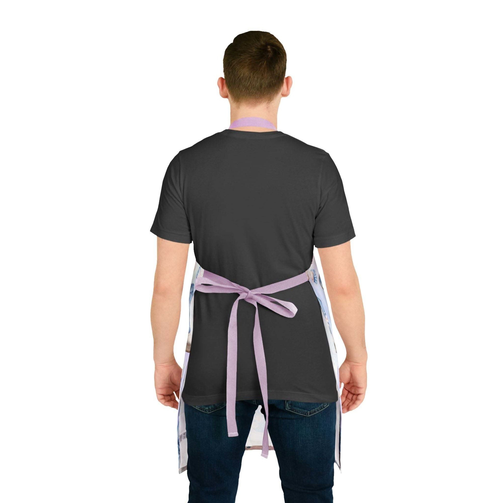 Pastel Coastal Cowgirl apron with tie-back, 5-color straps, soft polyester canvas, beachy pastel design, worn by person from back.