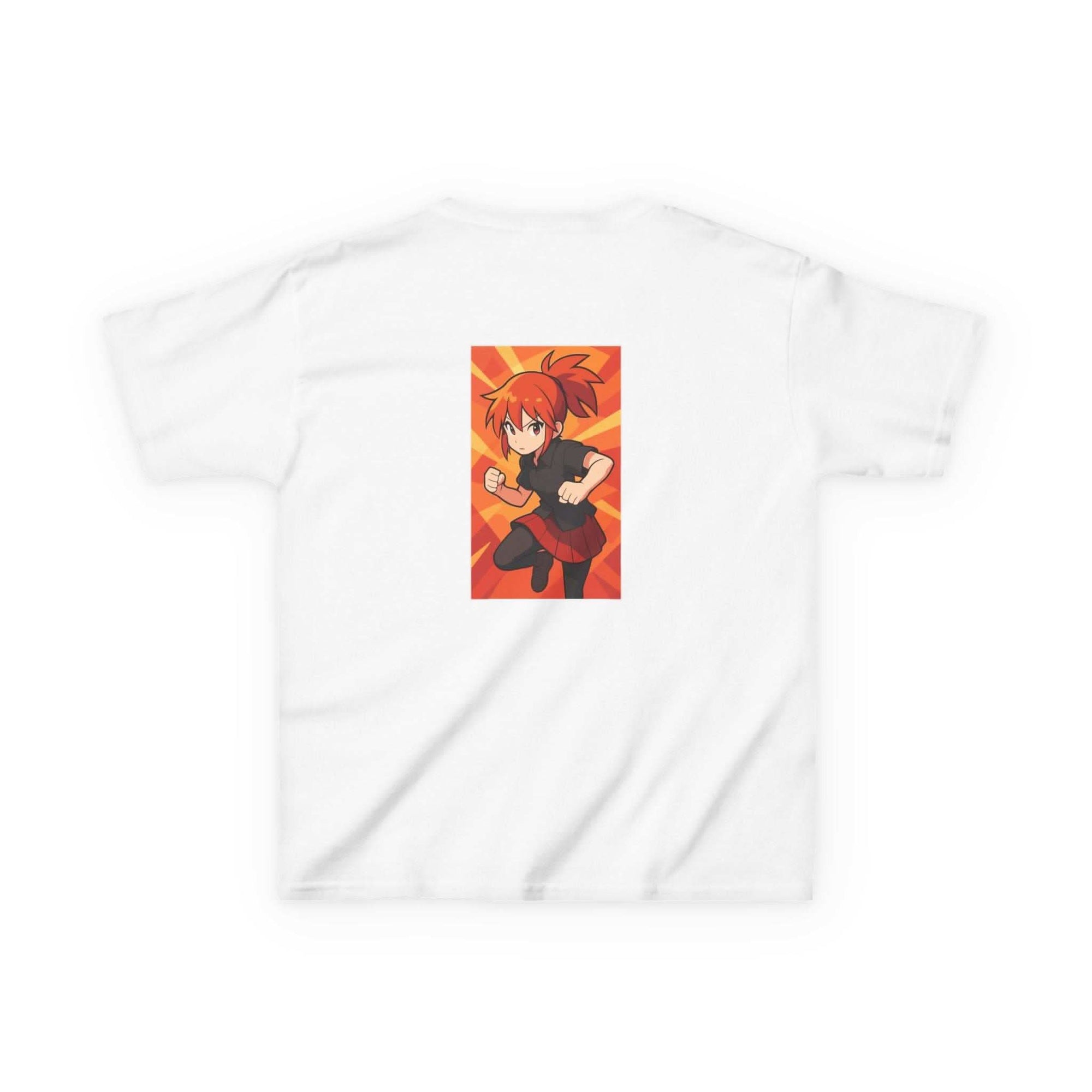 White 100% cotton kids t-shirt featuring an anime power girl design from Printify