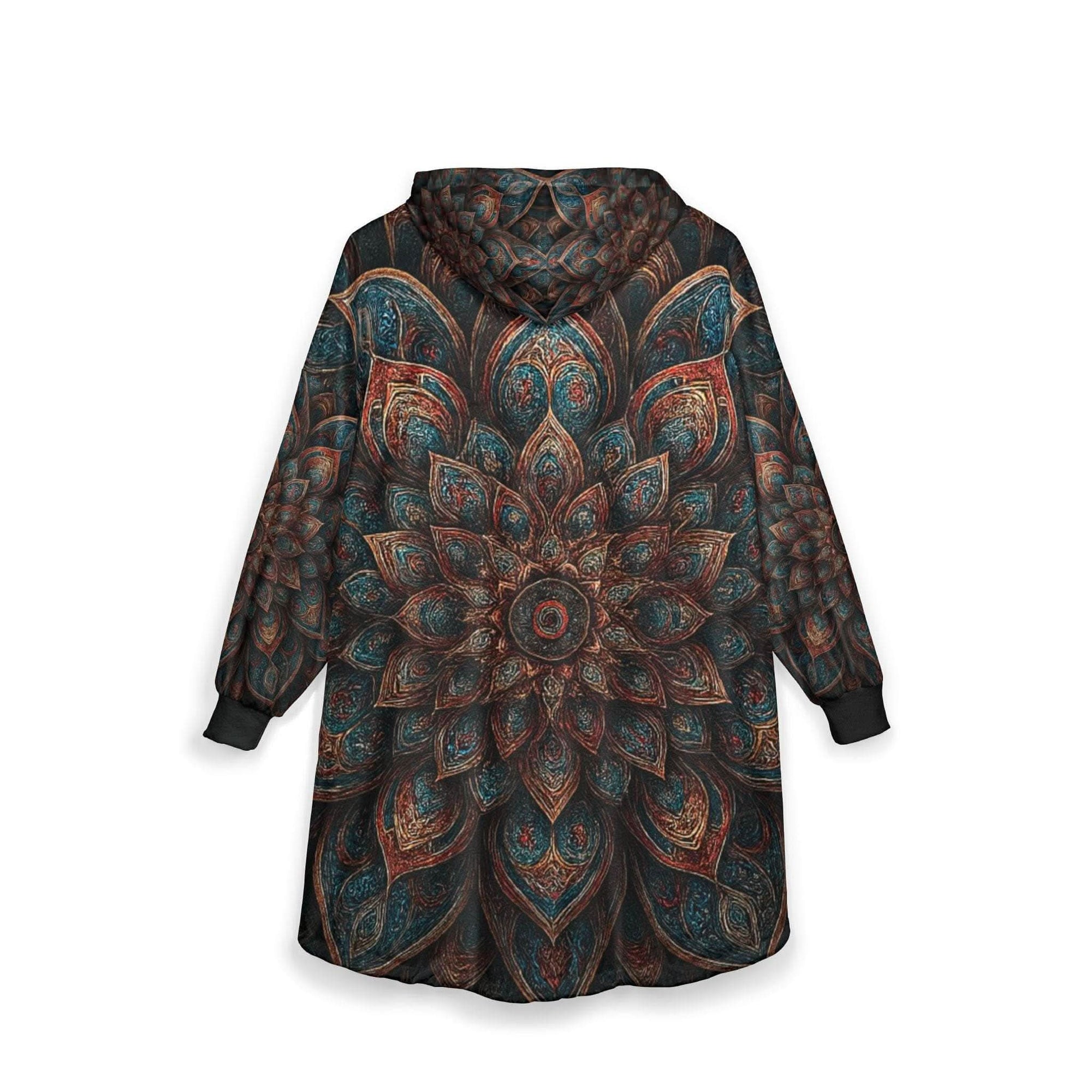 Hooded coat with a large, intricate pattern on a white background