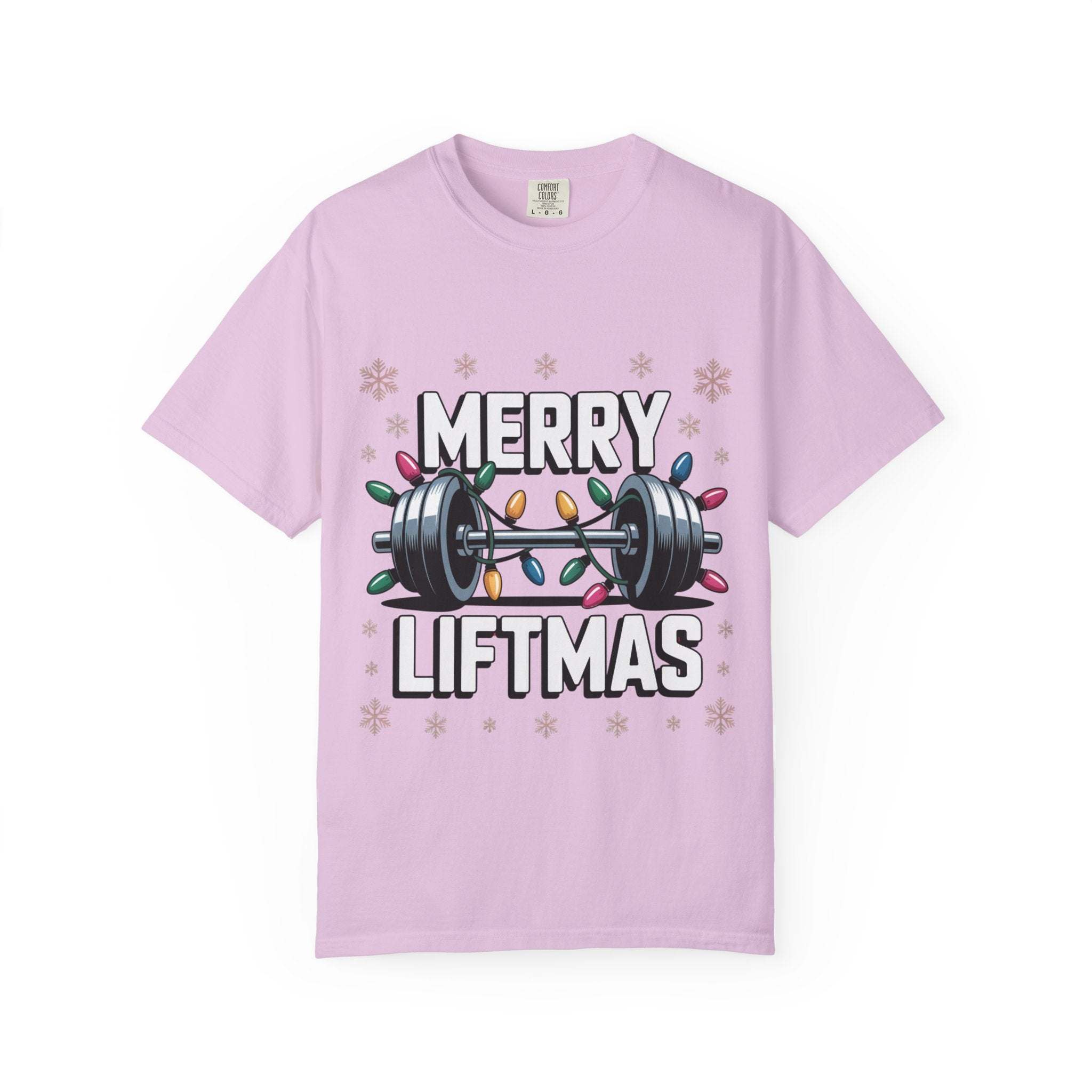 Pink Christmas workout T-shirt with Merry Liftmas barbell and holiday lights design