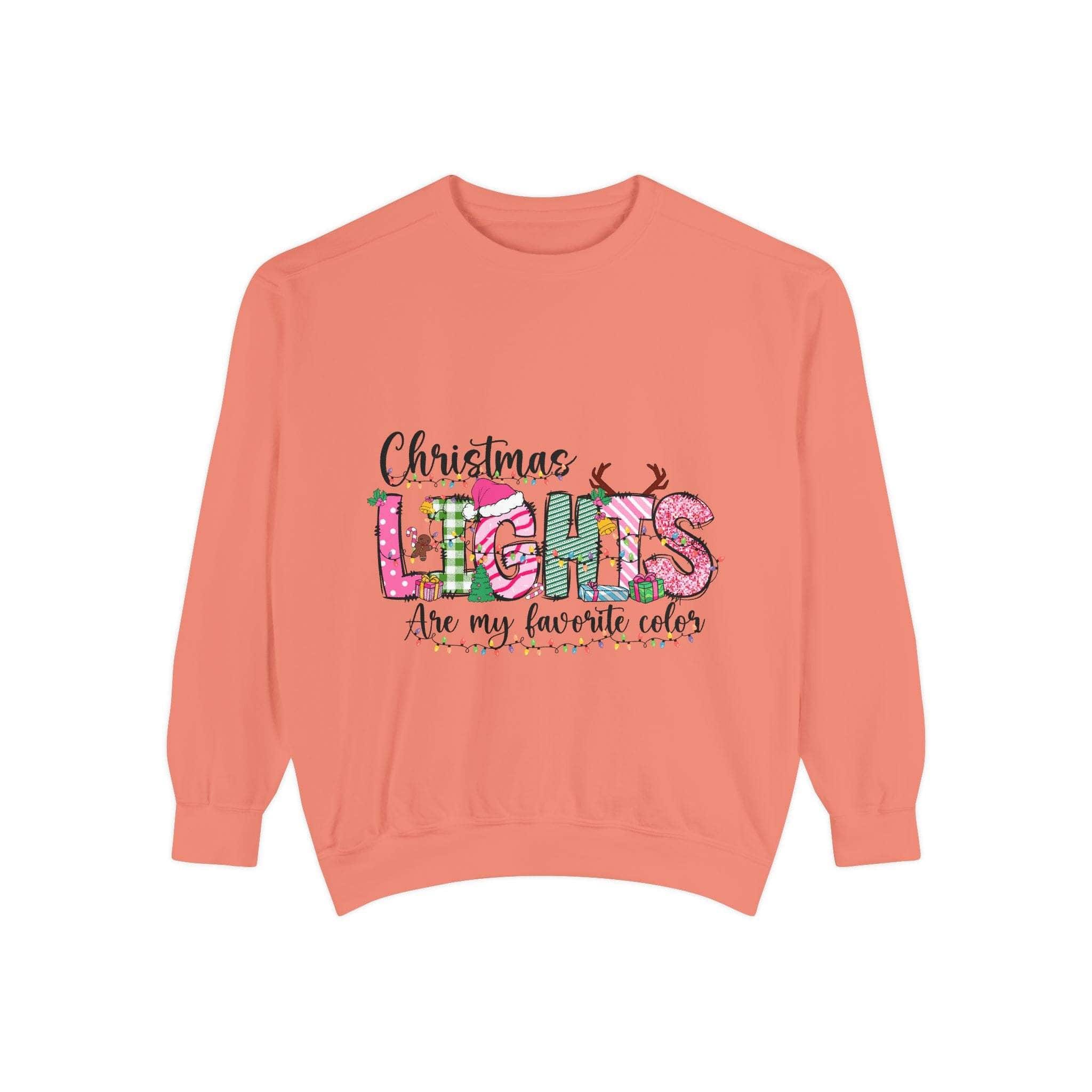 White garment-dyed sweatshirt featuring festive Christmas lights design by Printify