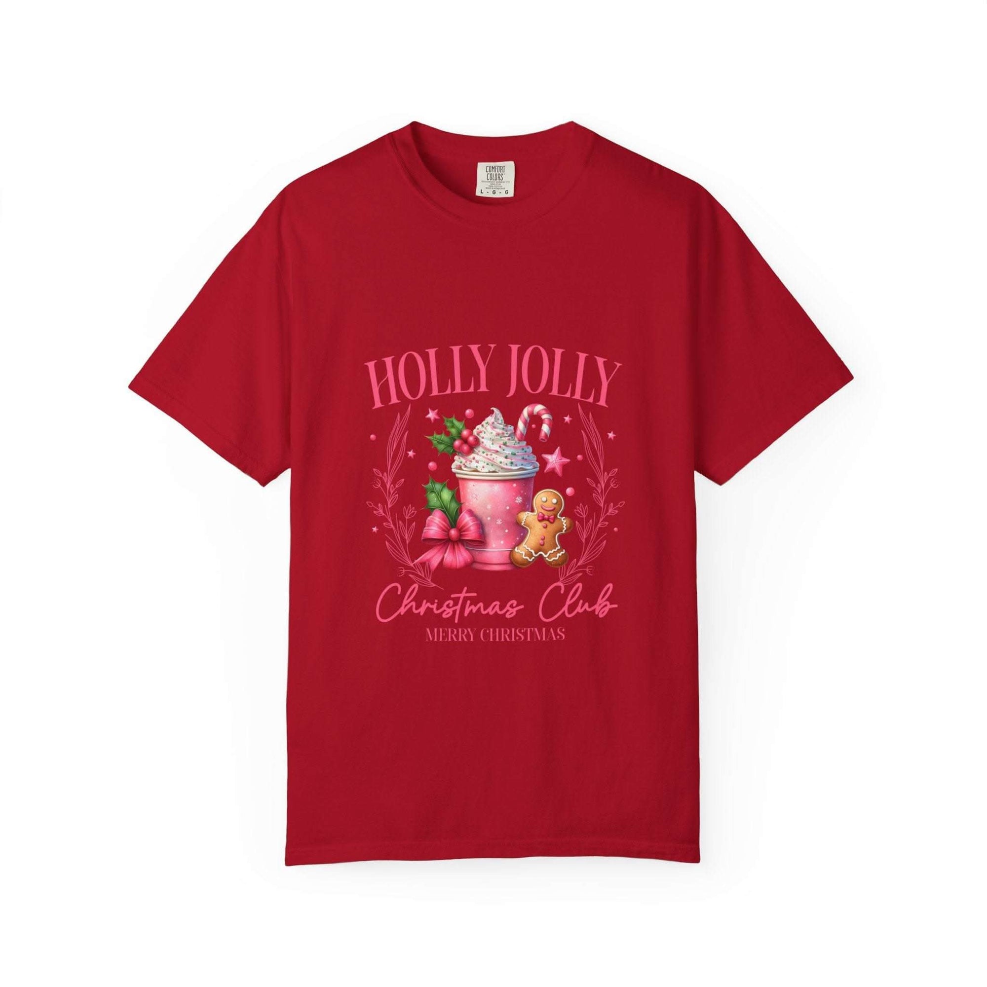 Unisex garment-dyed black Christmas t-shirt with 'Holly Jolly Christmas Club' design by Printify