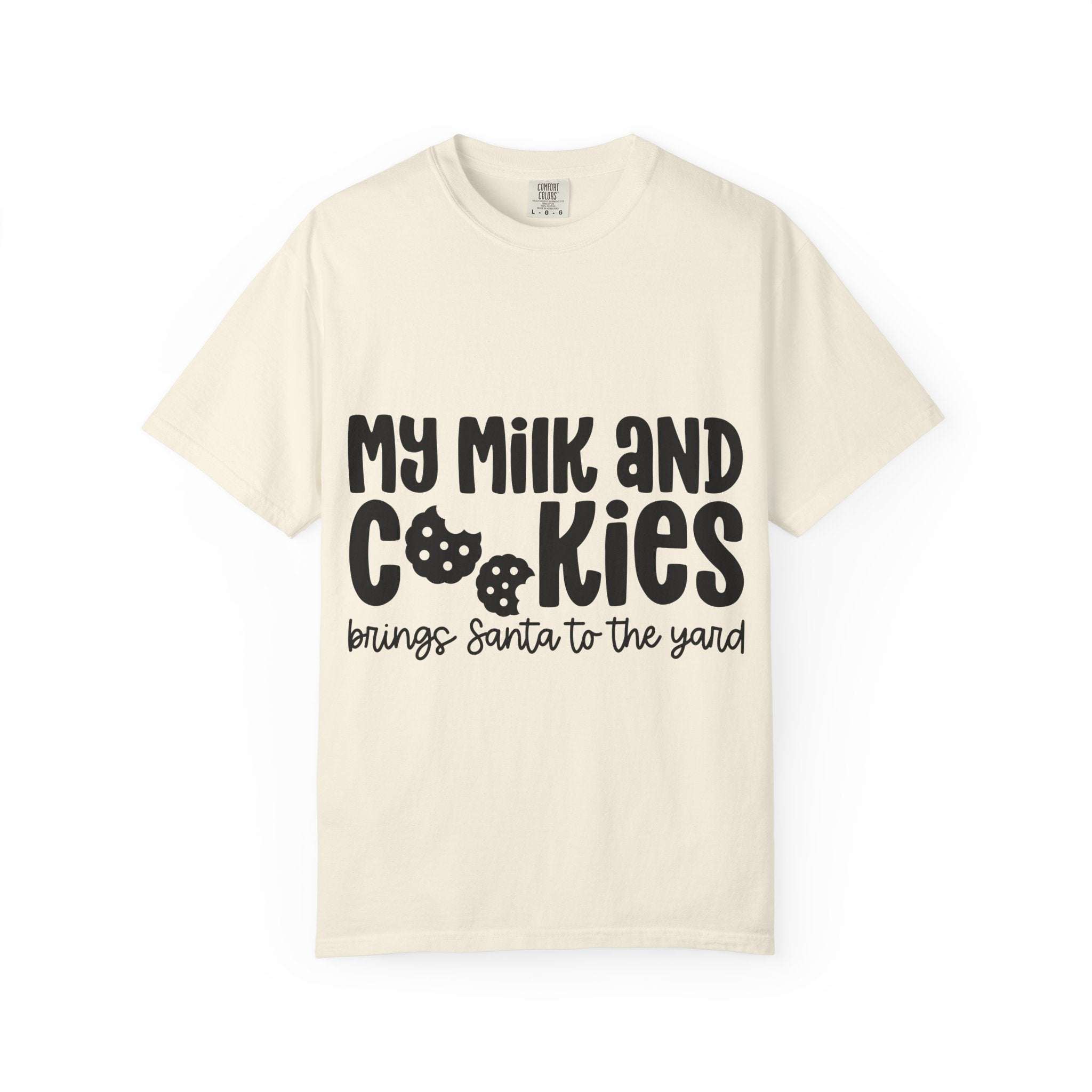 Black festive t-shirt with 'My Milk and Cookies Bring Santa to the Yard' design by Printify