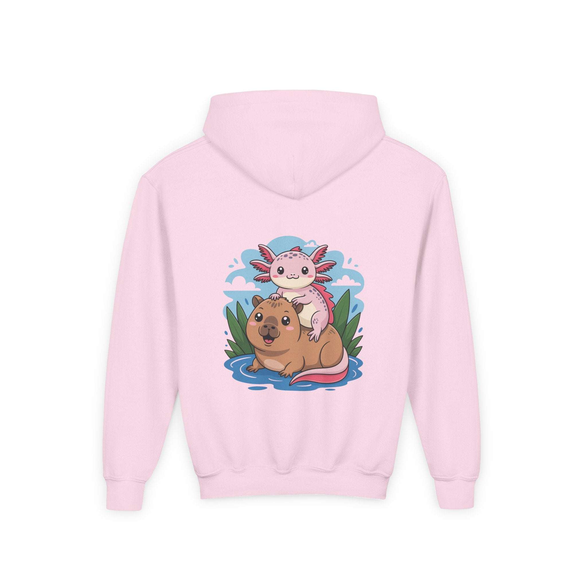 Youth hoodie with playful axolotl and capybara design on soft cotton-poly sweatshirt