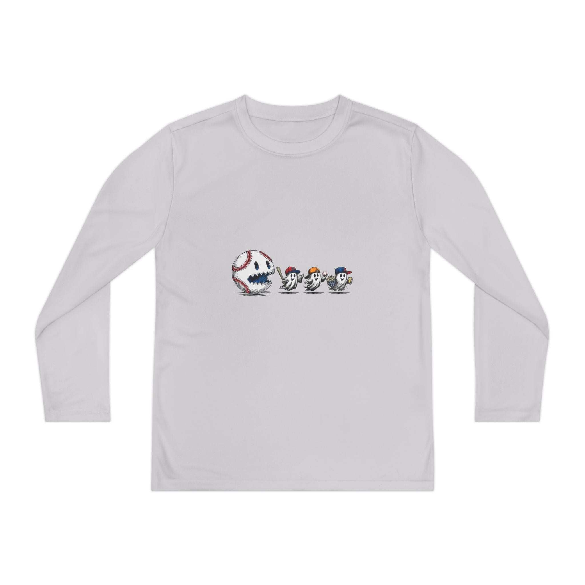 Atomic Blue long sleeve youth tee featuring playful ghosts eating baseballs, by Printify