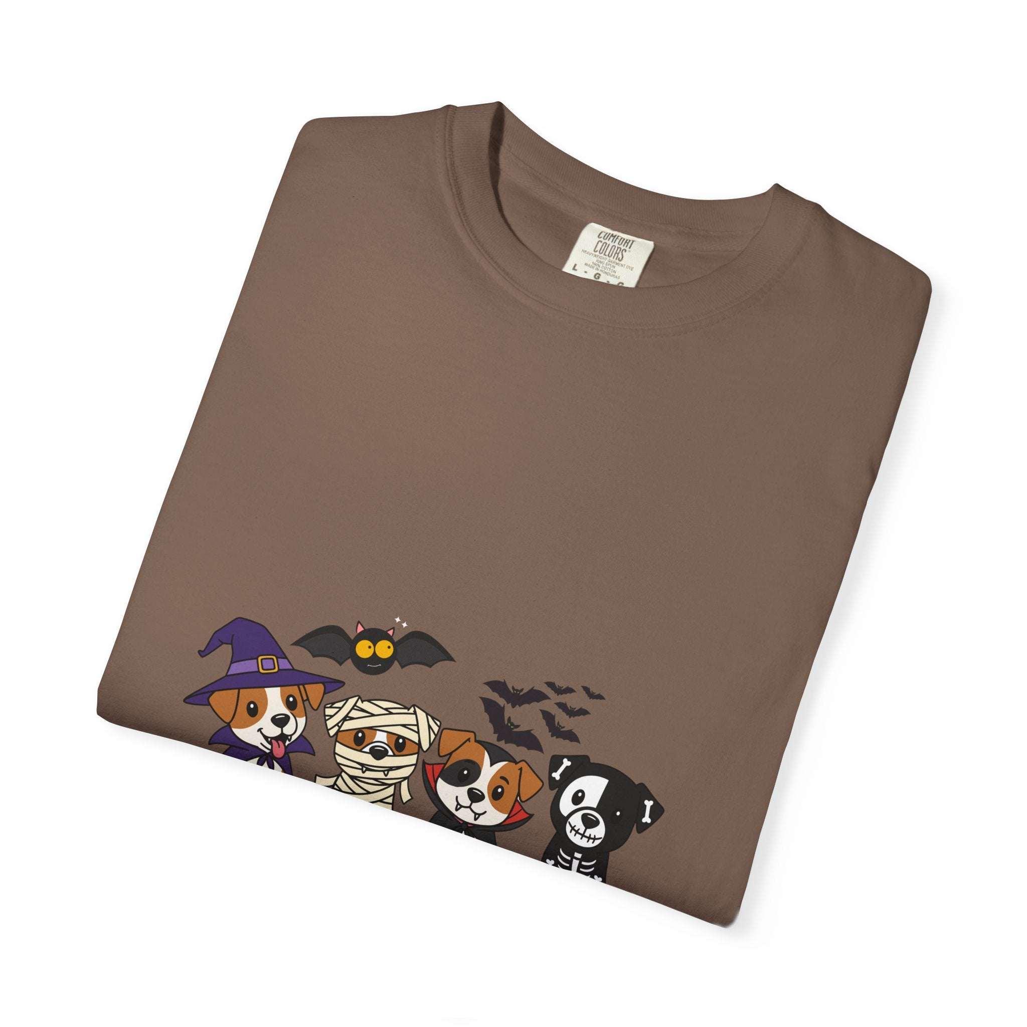 Brown Puppies Halloween T-shirt with cartoon puppies in Halloween costumes including witch, mummy, and skeleton designs.