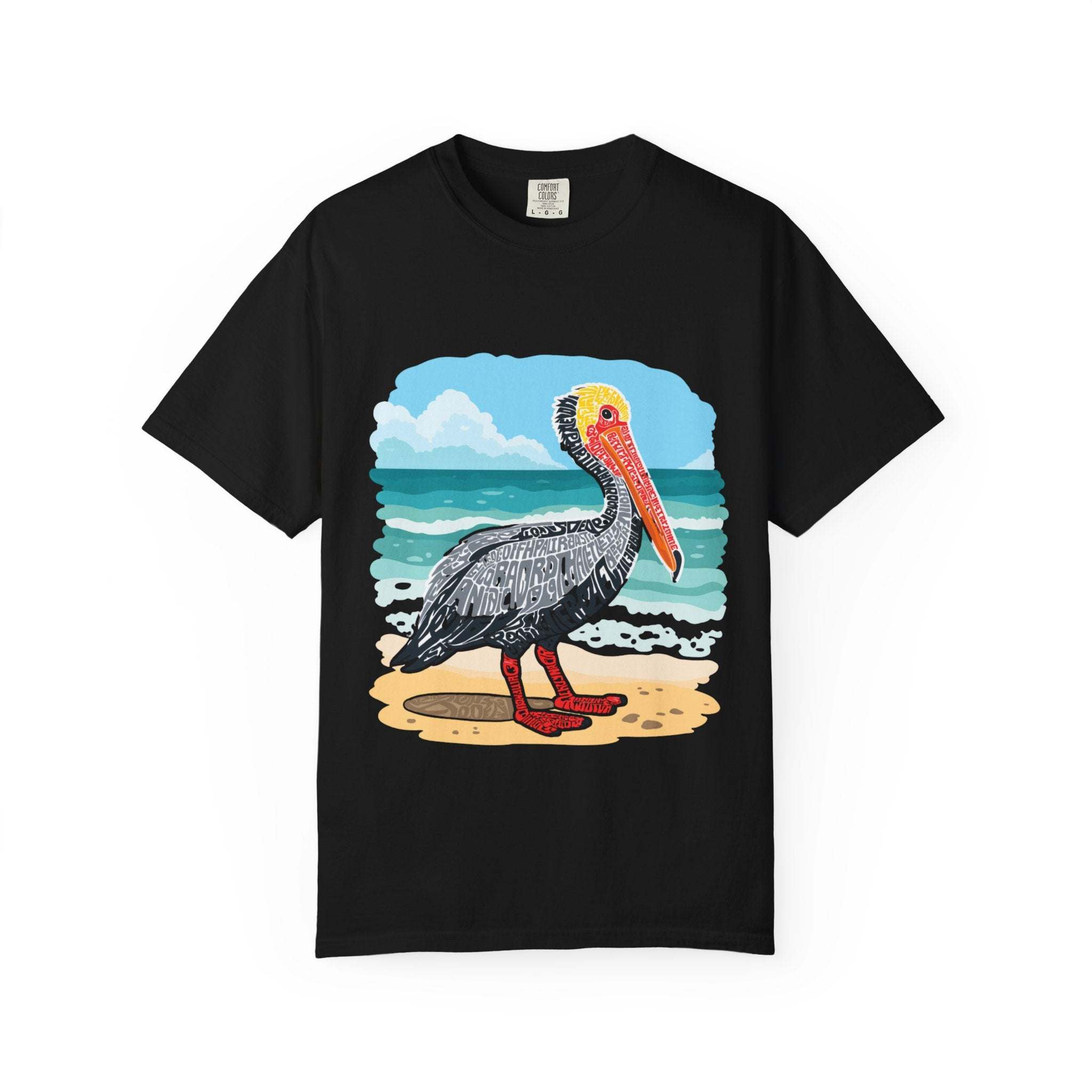 Black t-shirt with vintage pelican letter poster graphic by the sea.