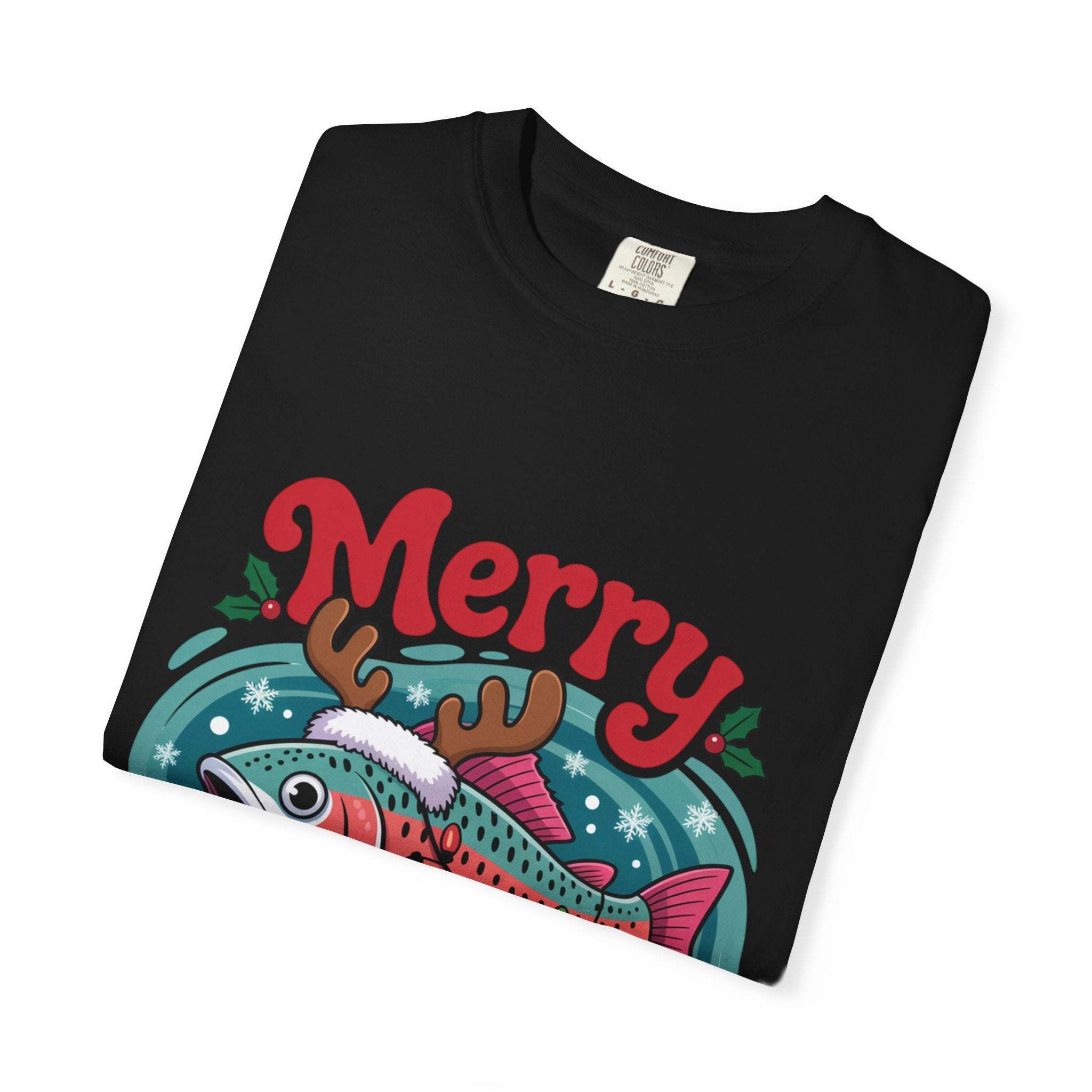 True Navy garment-dyed t-shirt featuring Merry Fishmas design for fishermen, by Printify