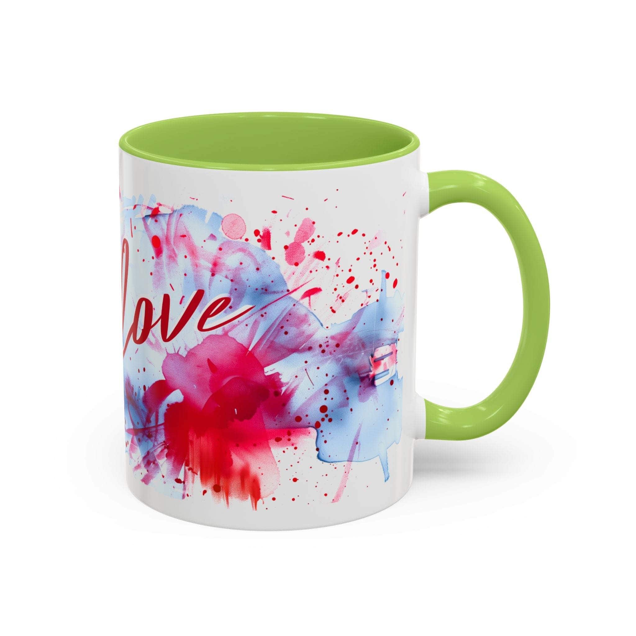 Mug with colorful abstract design and 'love' text on a white background
