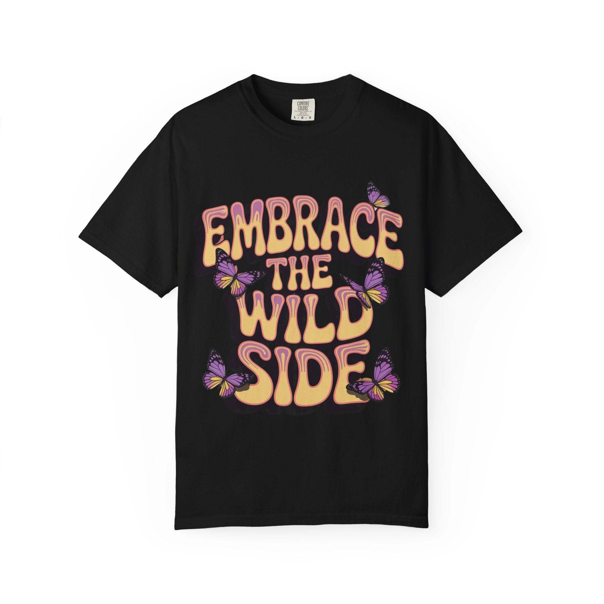 Black garment-dyed T-shirt with "Embrace the Wild Side" print and purple butterflies