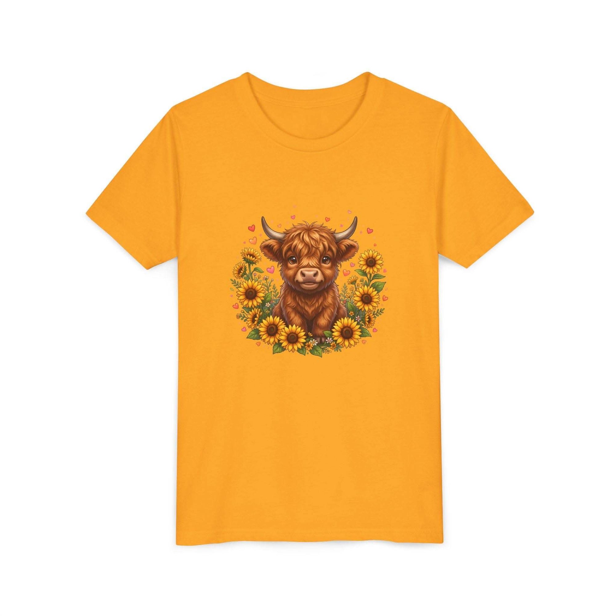 Youth tee featuring Highland Cow with Sunflowers design on soft cotton fabric