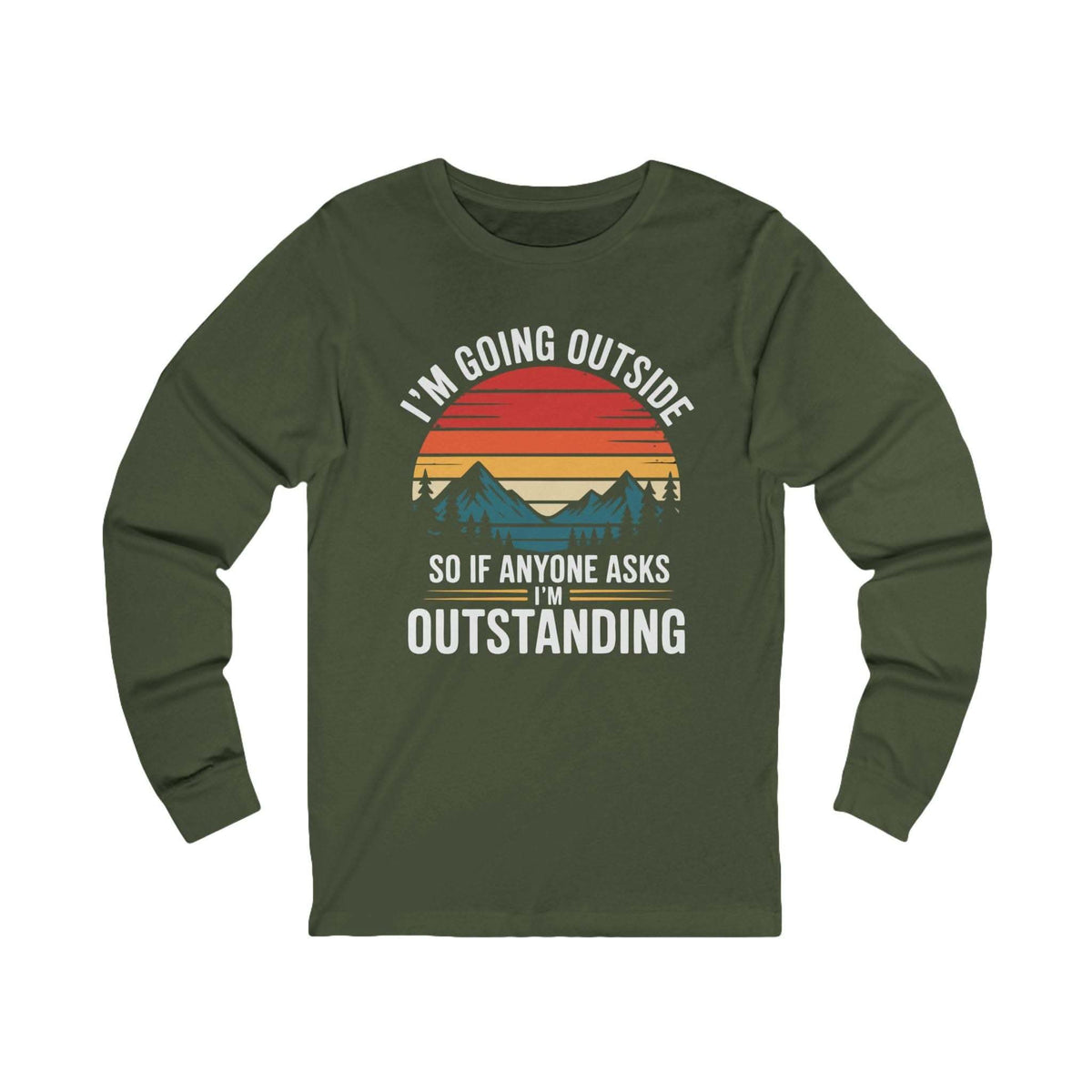 Long sleeve hiking t-shirt with vintage sunset mountains and playful outdoor phrase design