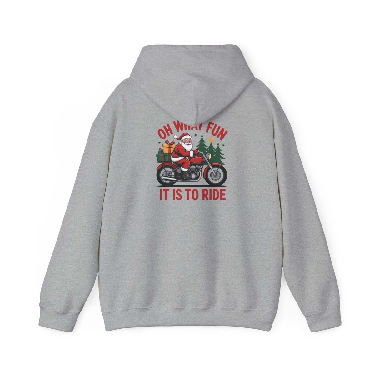 Santa motorcycle hoodie in black, featuring festive graphics, perfect for holiday celebrations and motorcycle enthusiasts.