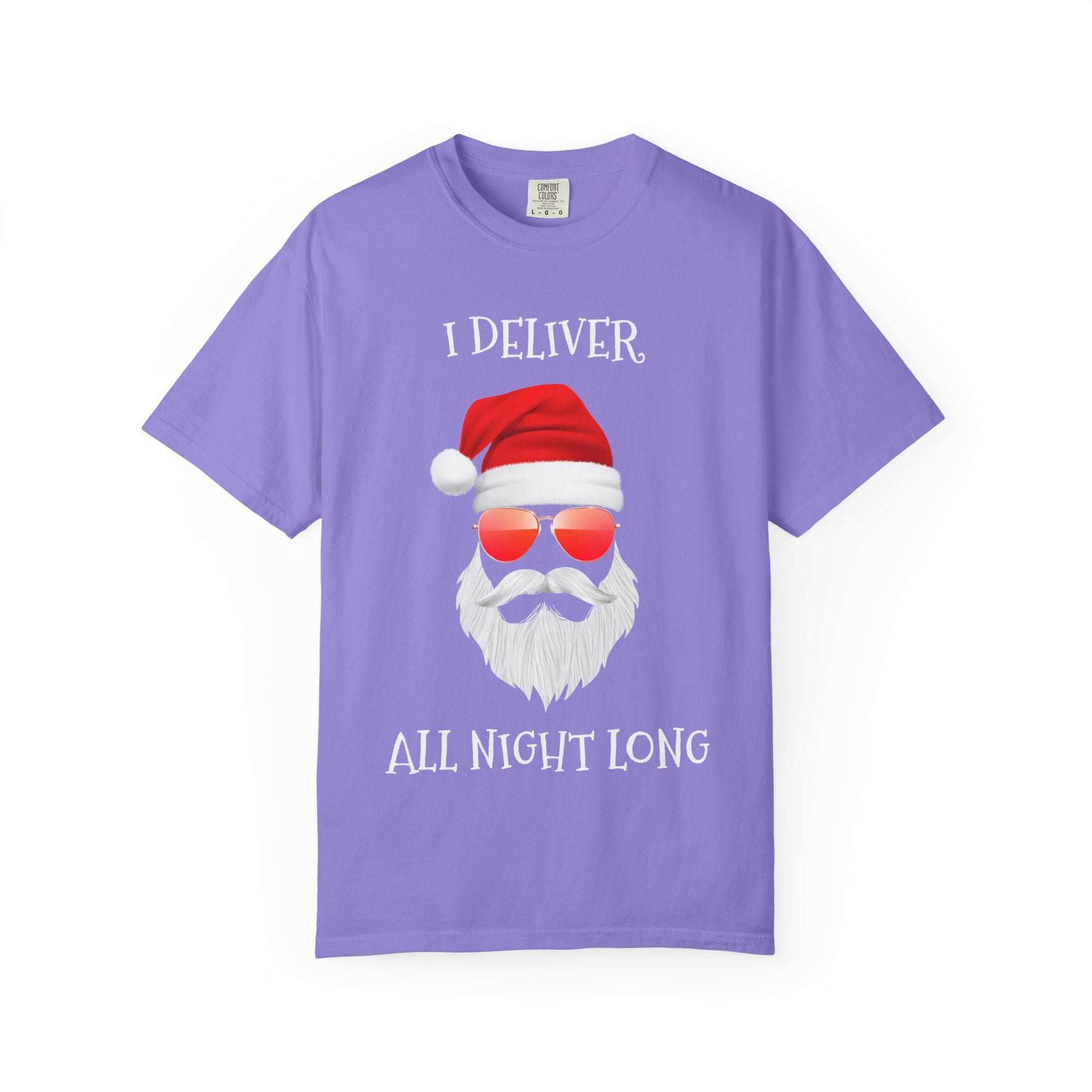 Espresso cotton t-shirt featuring 'Santa I Deliver All Night Long' print, holiday-themed design by Printify