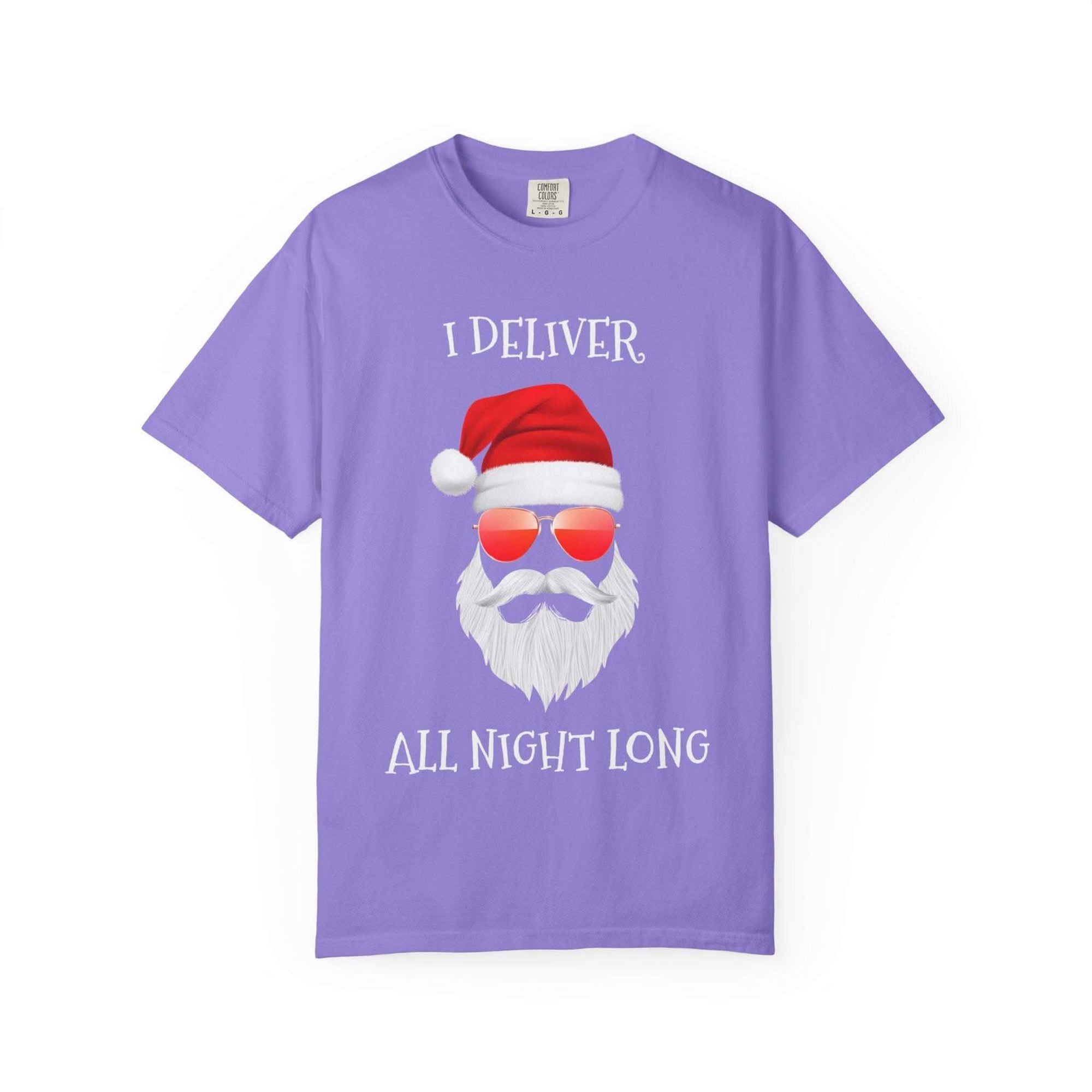 Espresso cotton t-shirt featuring 'Santa I Deliver All Night Long' print, holiday-themed design by Printify