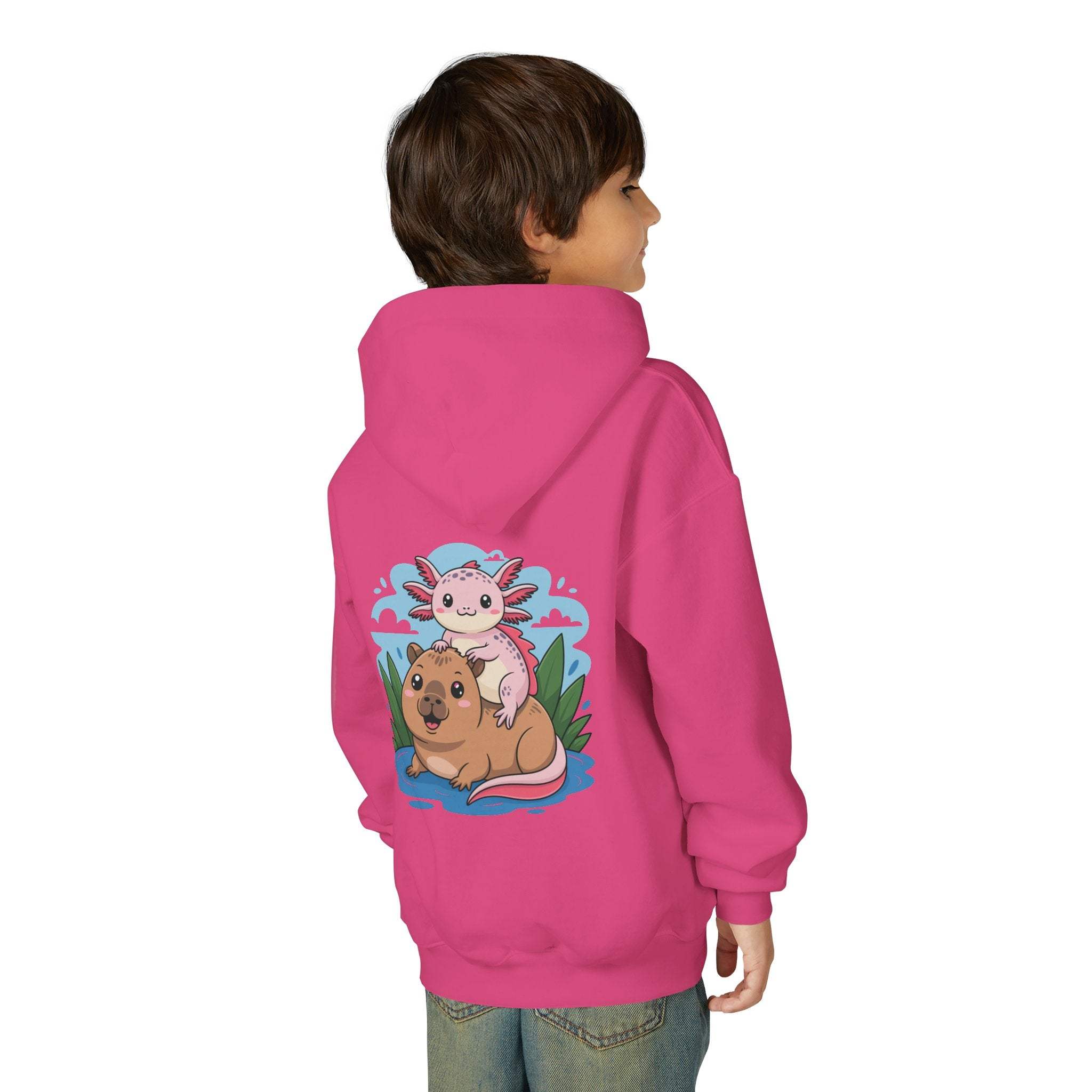 Youth hoodie with axolotl and capybara design in soft cotton-poly blend
