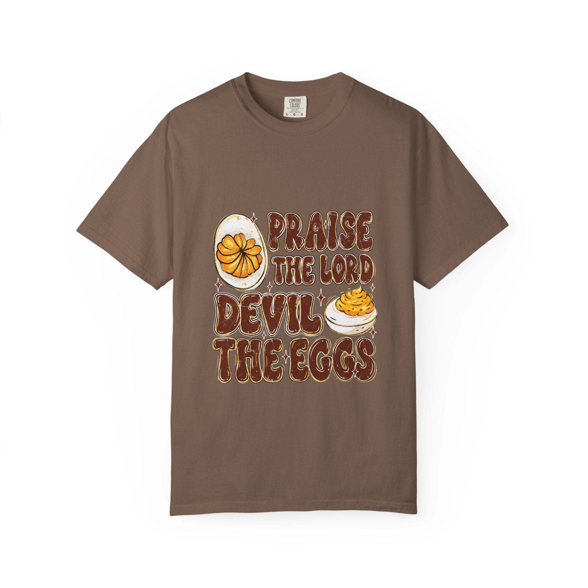 White cotton t-shirt featuring 'Praise the Lord, Devil the Eggs' design by Printify, perfect for Easter.