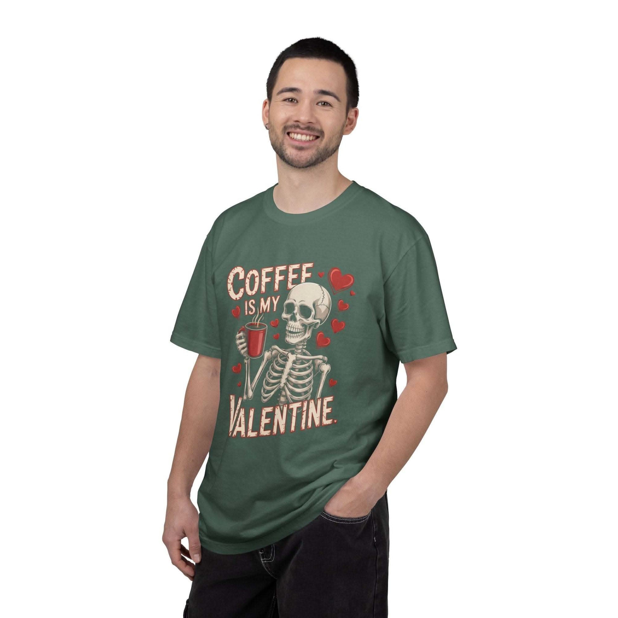 Coffee Is My Valentine skeleton graphic T-shirt with vintage-washed soft cotton and relaxed fit