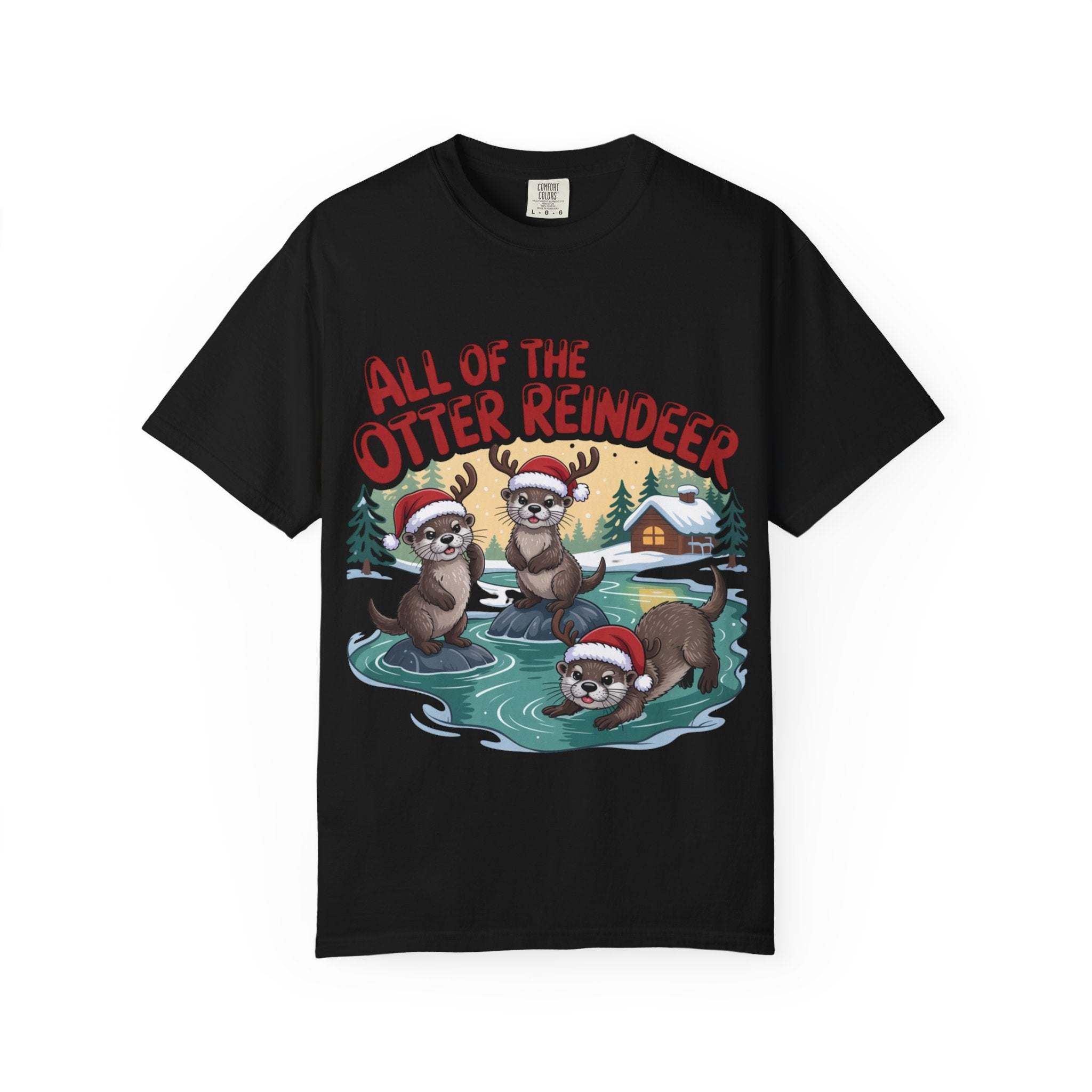 Black Otter Reindeer Tee with festive otters wearing Santa hats on ice and holiday cabin background