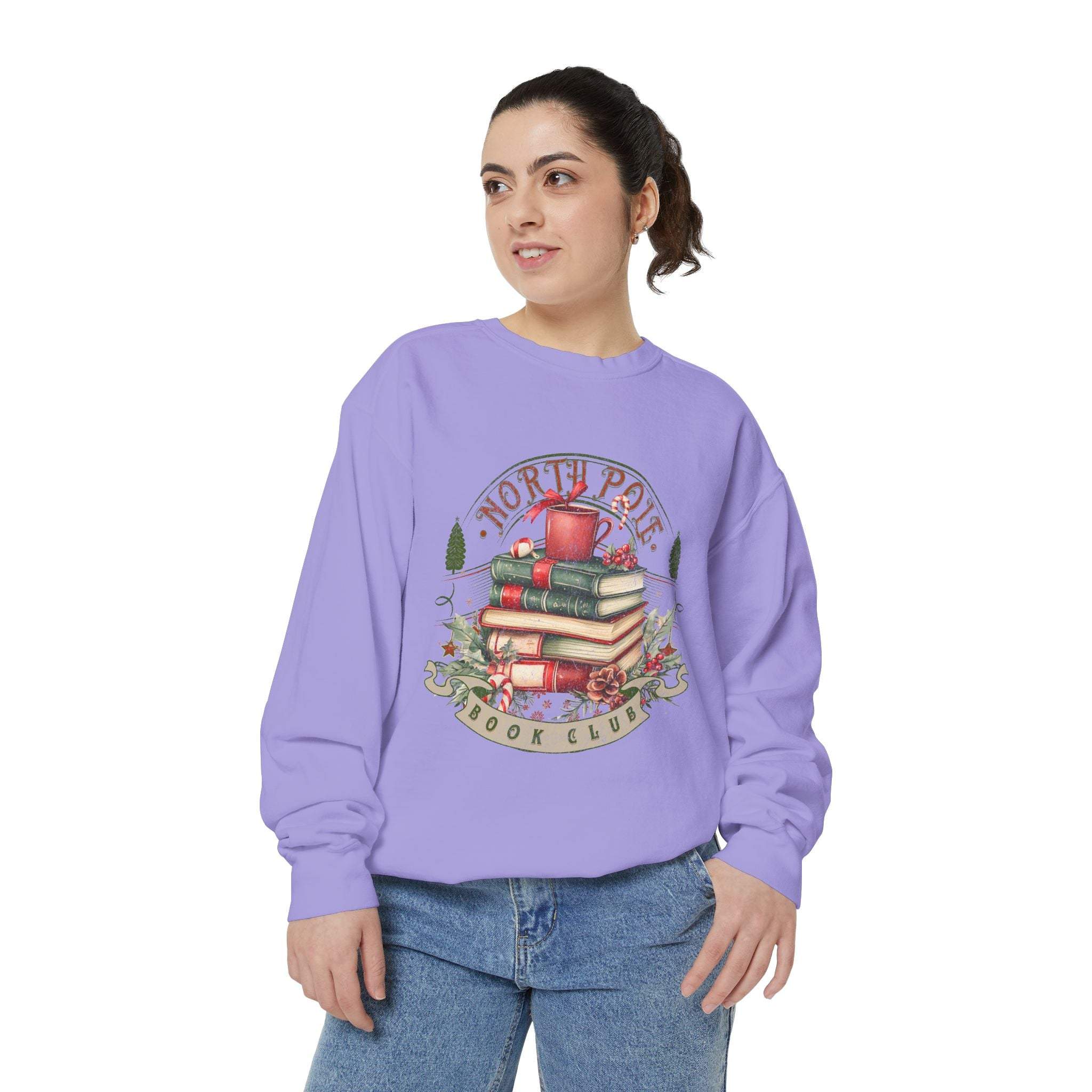 Vintage North Pole Book Club sweatshirt in lavender with cozy book and mug design, soft cotton blend, relaxed fit.