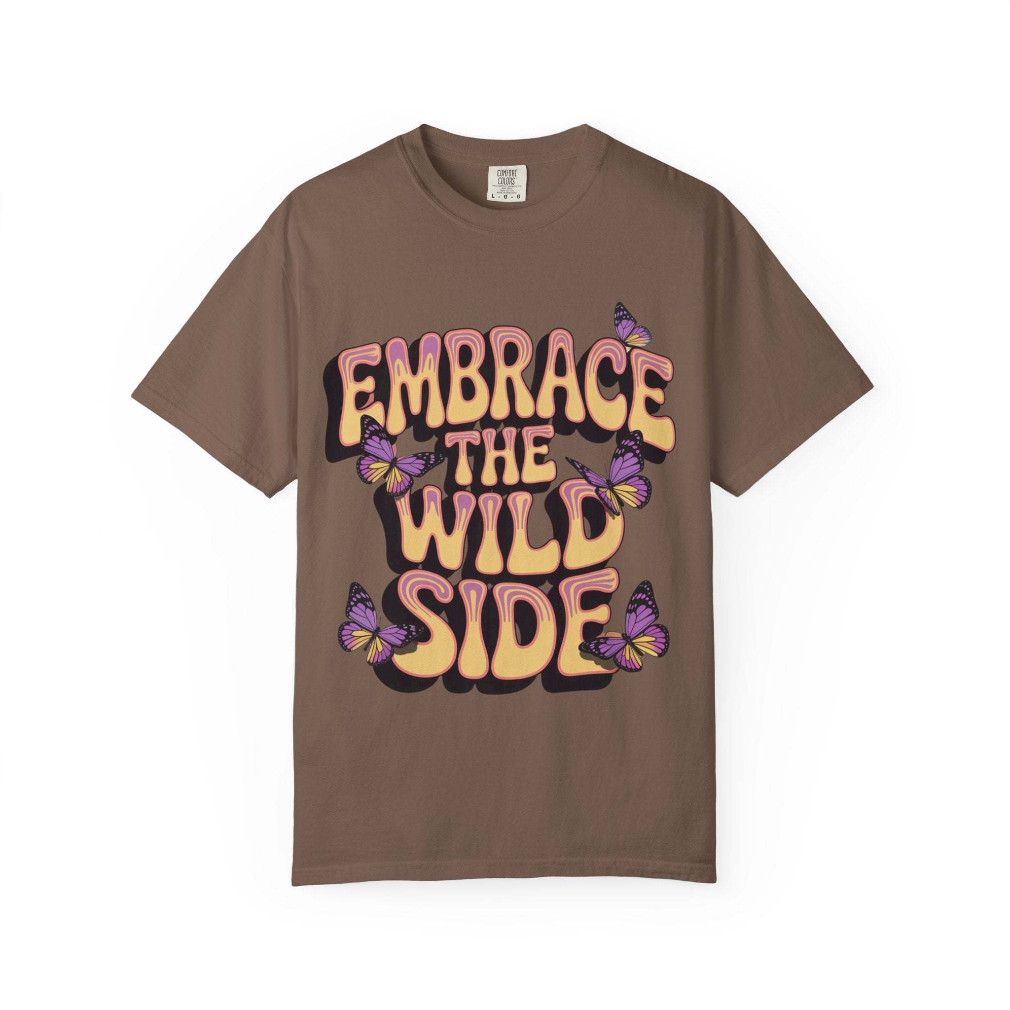 Garment-dyed black T-shirt with 'Embrace the Wild Side' print, unisex style by Printify