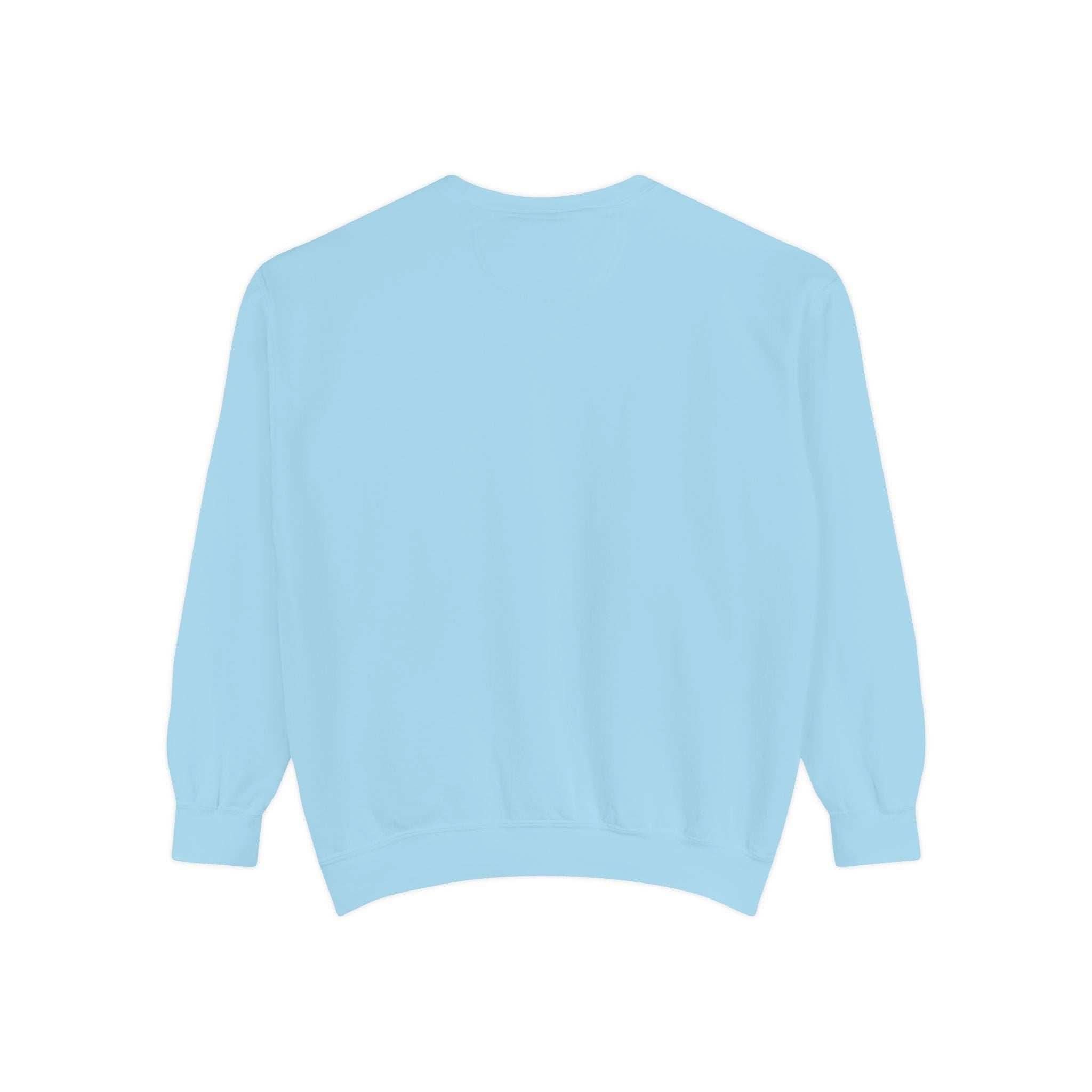 back view of light blue iridescent Merry Christmas sweatshirt with ribbed cuffs and hem, cozy holiday apparel