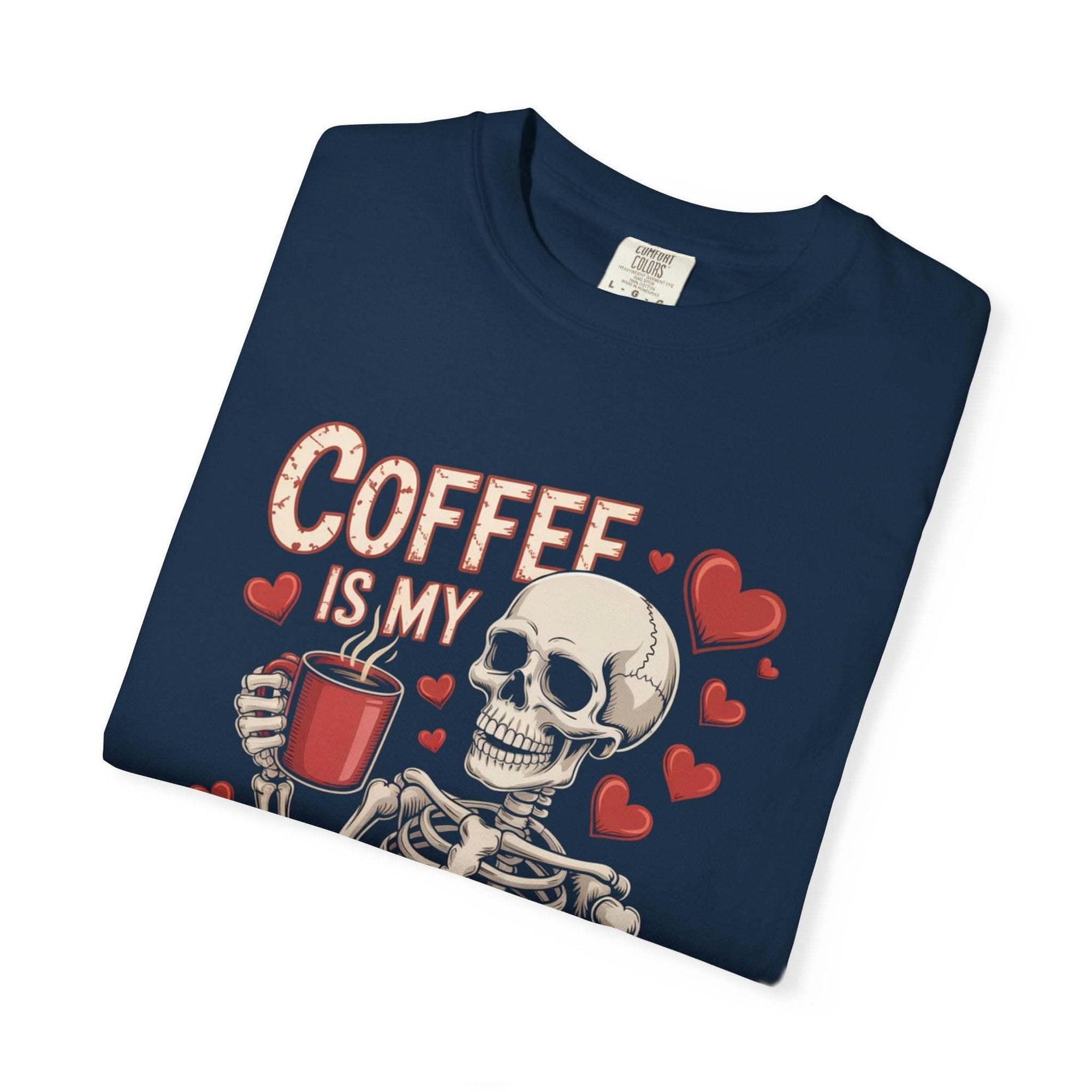 Skeleton graphic Coffee Is My Valentine T-shirt in vintage wash, relaxed fit, soft cotton
