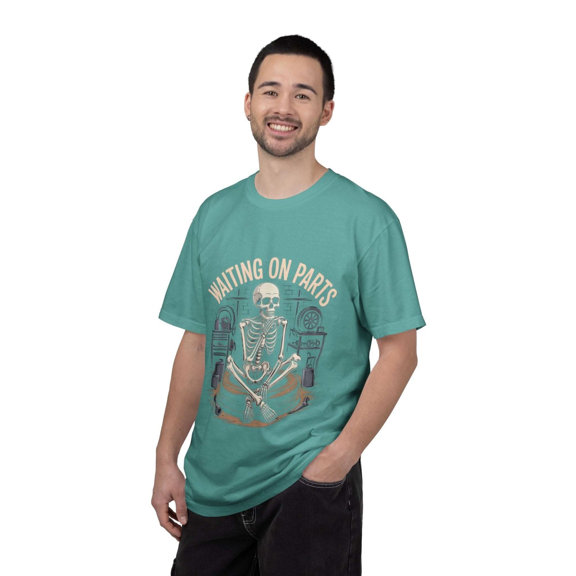 Vintage garment-dyed Waiting on Parts TShirt with short sleeves and relaxed fit for mechanics and tinkerers