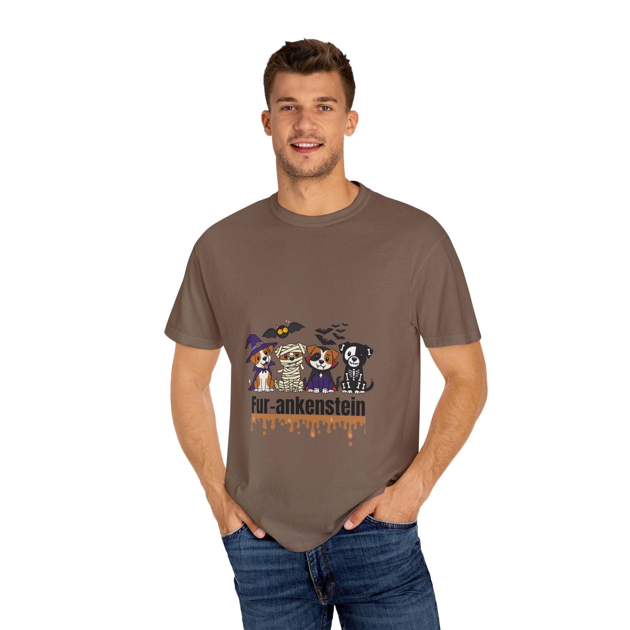 Man wearing puppies Halloween T-shirt with puppies in costumes and "Fur-ankenstein" text on brown fabric