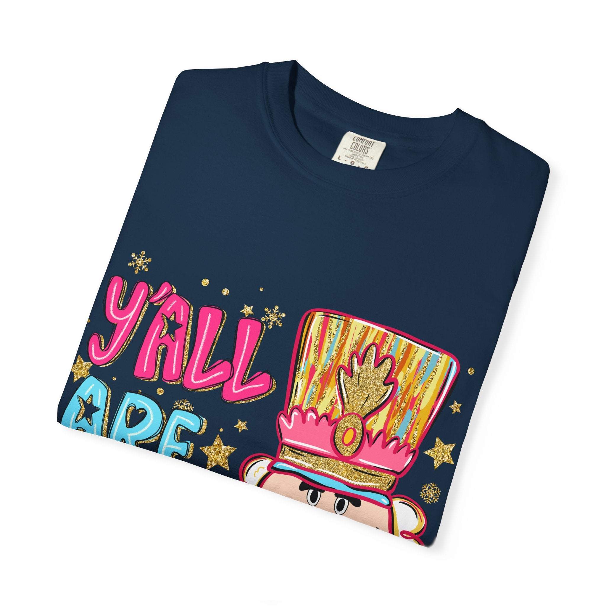 Navy blue Yall Are Nuts Nutcracker T-shirt with festive nutcracker design and colorful lettering