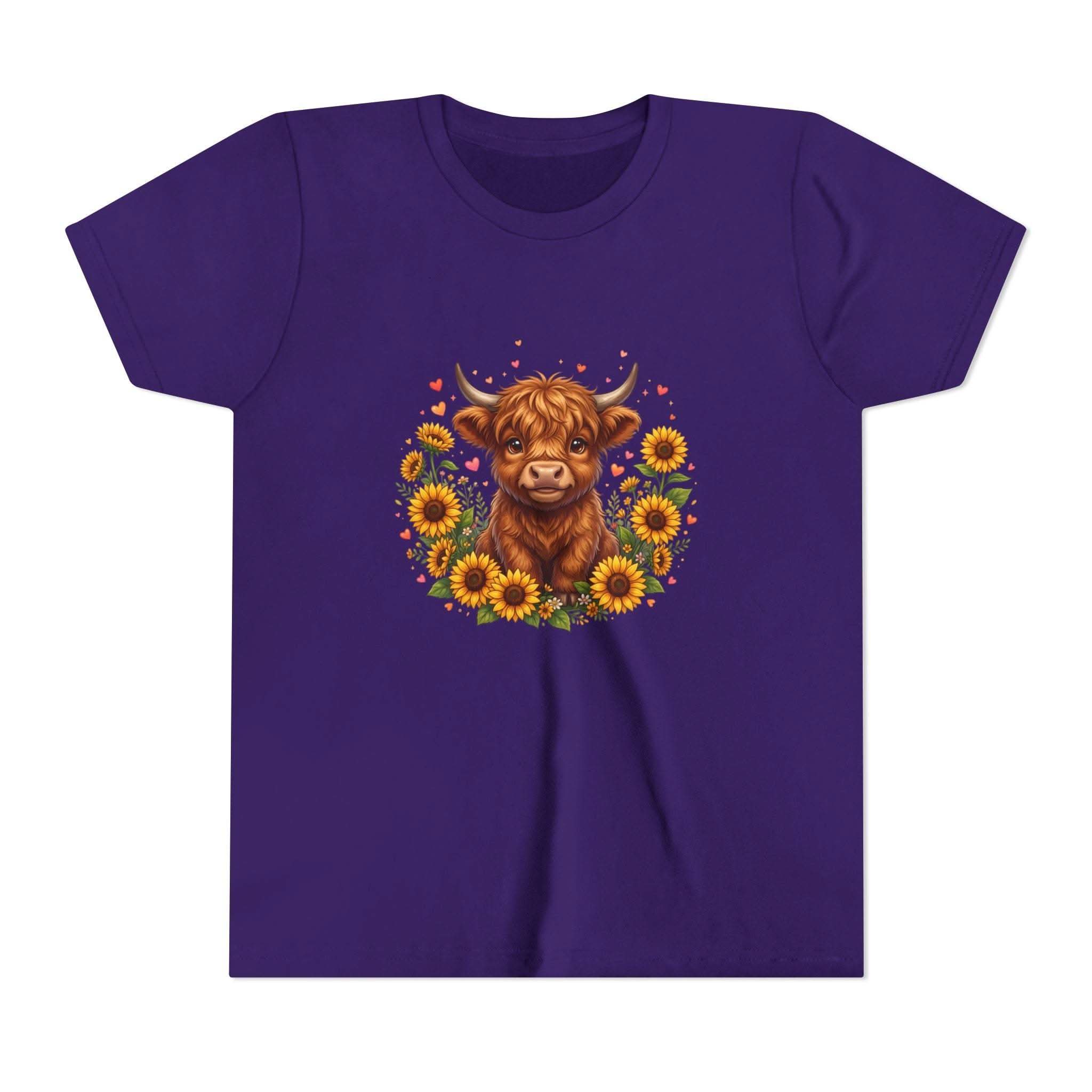 Youth tee featuring Highland Cow with Sunflowers design on soft cotton fabric