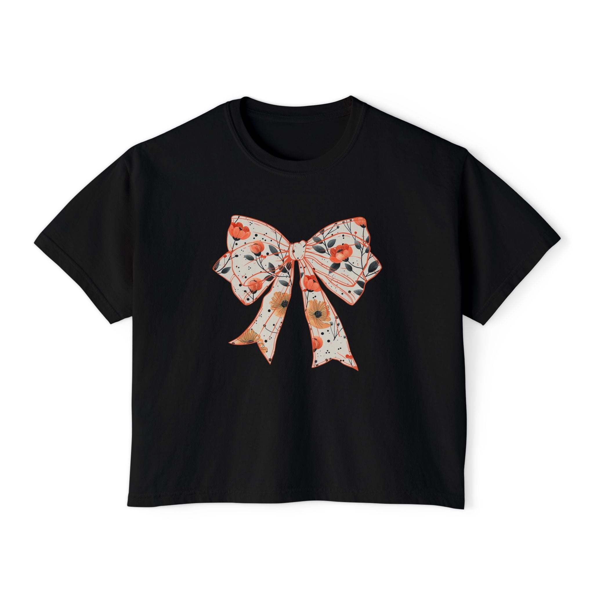 Butter floral coquette bow design tee, boxy fit, womens casual shirt by Printify, made of vintage cotton.
