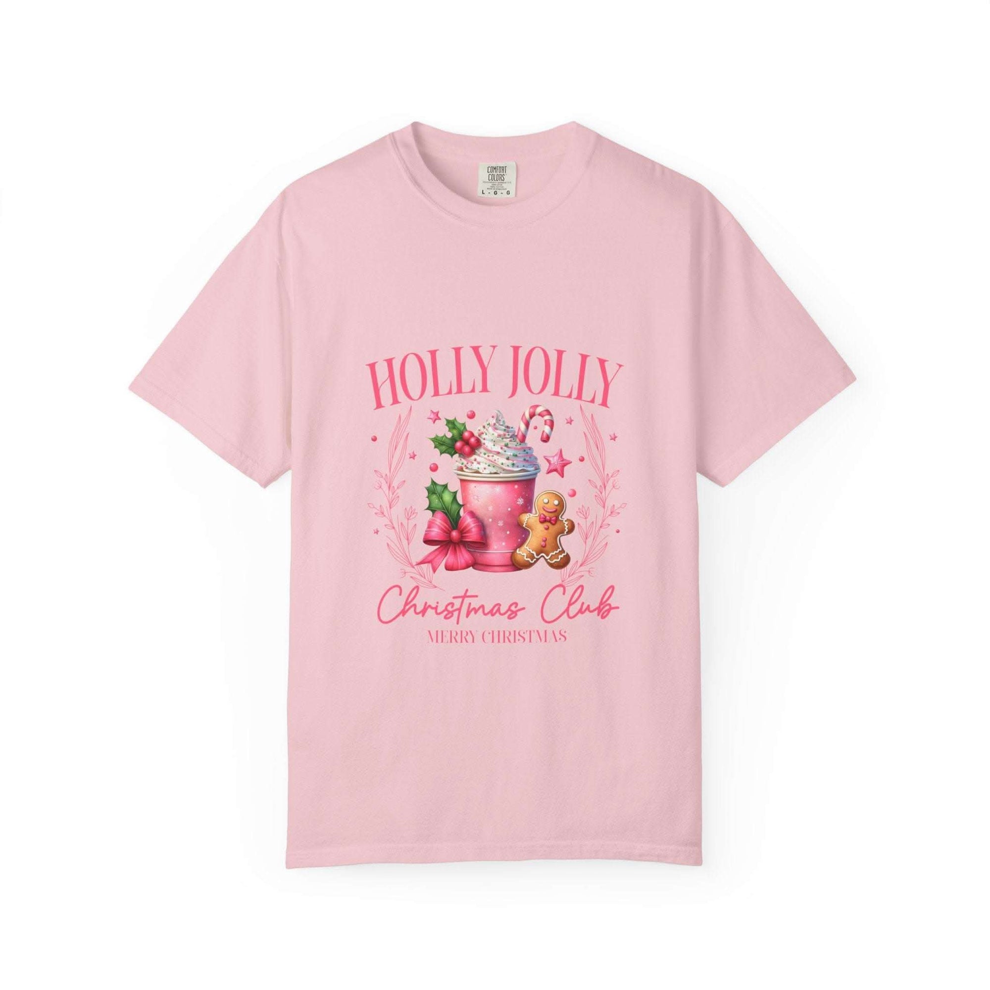 Unisex garment-dyed black Christmas t-shirt with 'Holly Jolly Christmas Club' design by Printify