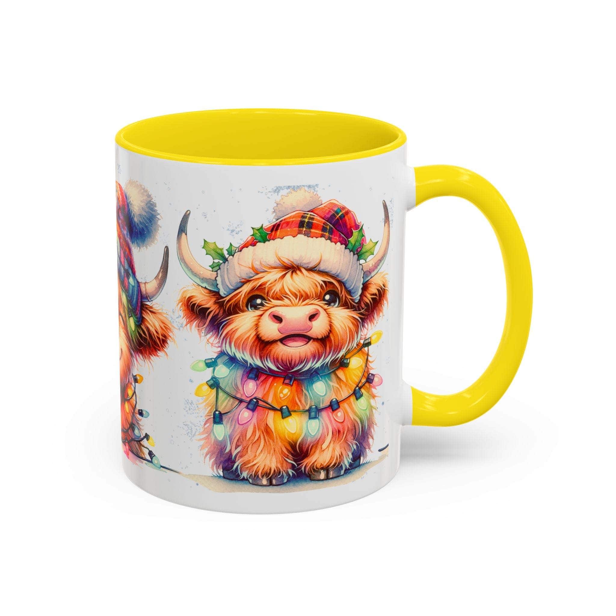Mug with a colorful highland cow design and yellow handle and interior.