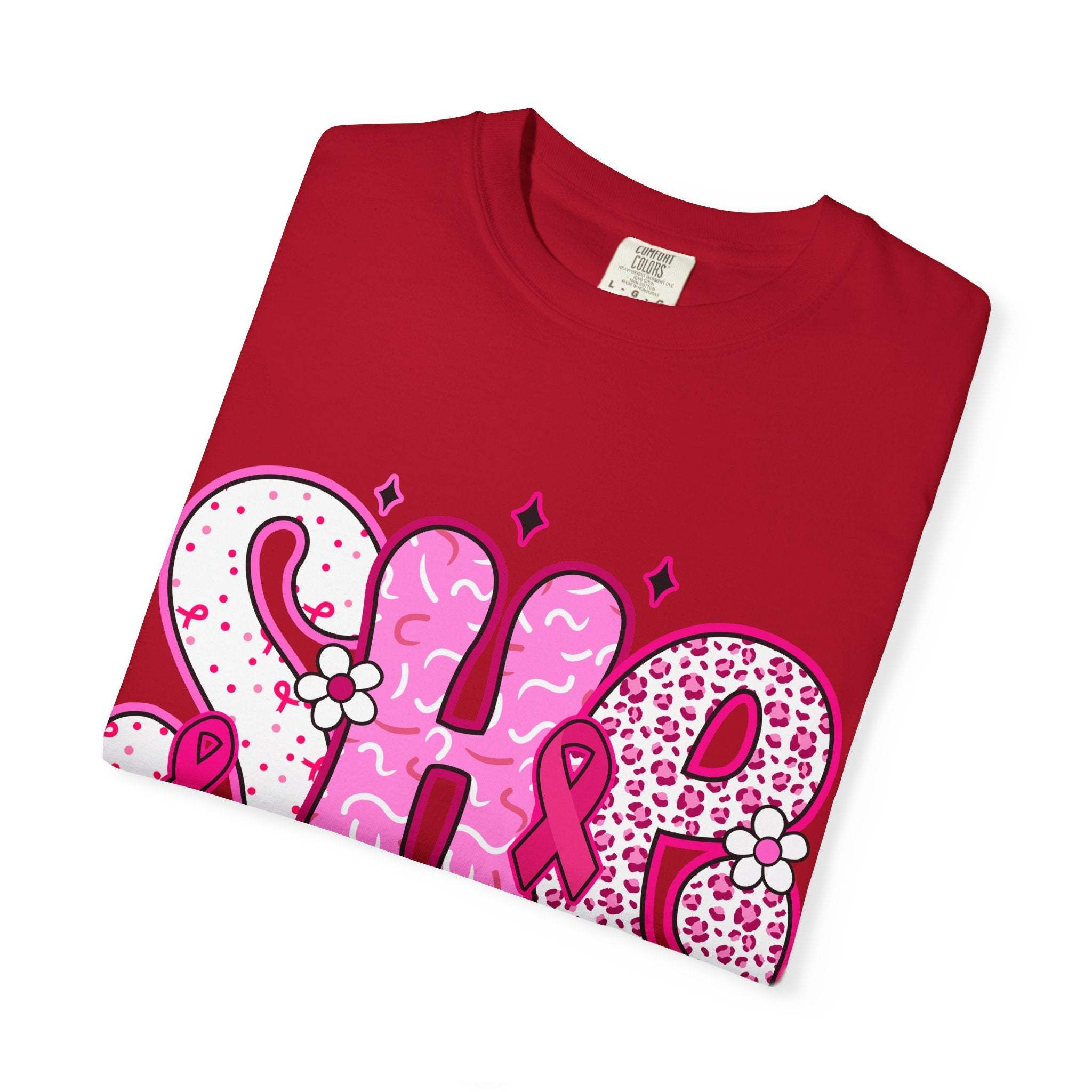 Red Fighter Breast Cancer T-shirt with pink ribbon and floral design, unisex, soft cotton fabric