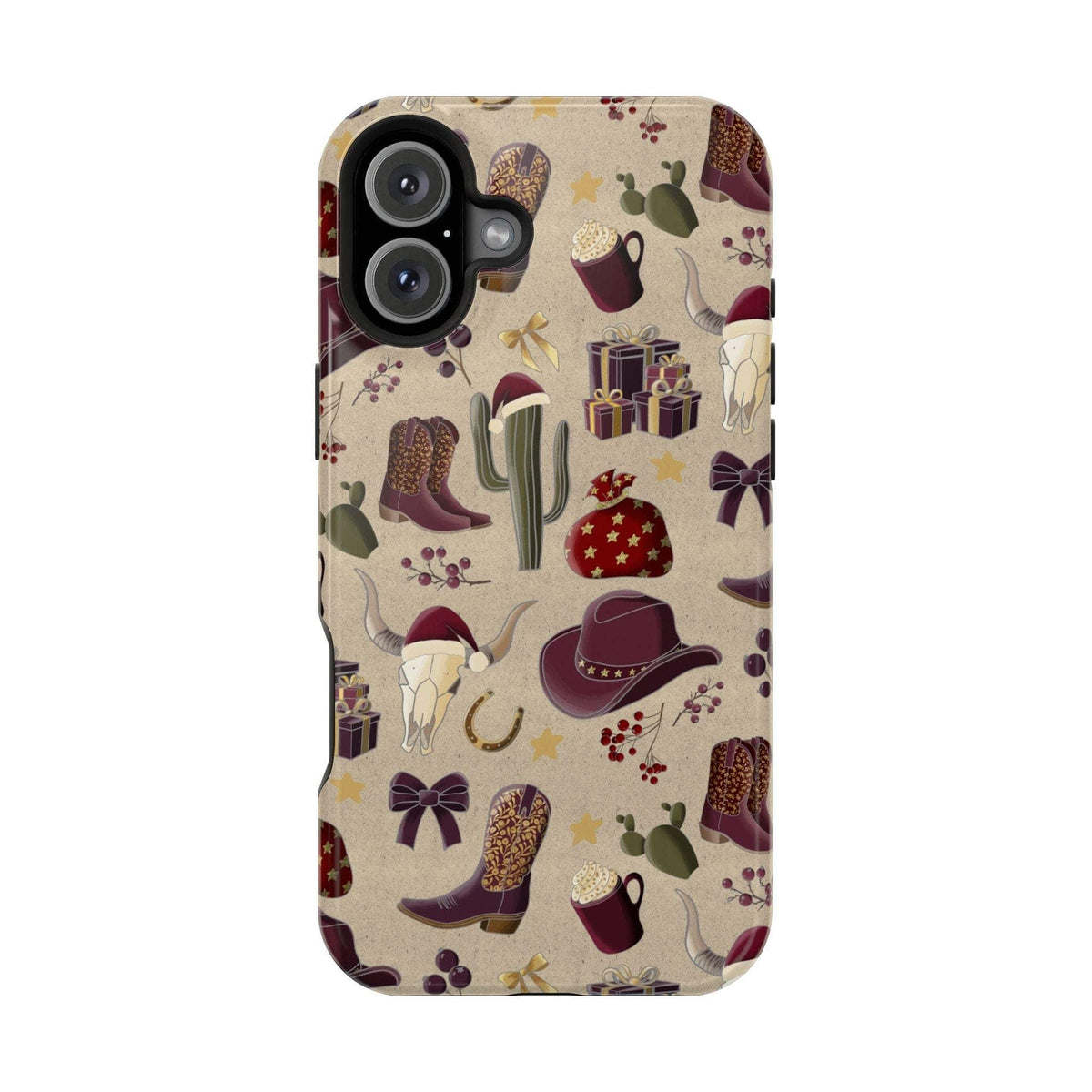 Cowboy Christmas design phone case for iPhone 17 in glossy finish by Printify, featuring festive colors and patterns.