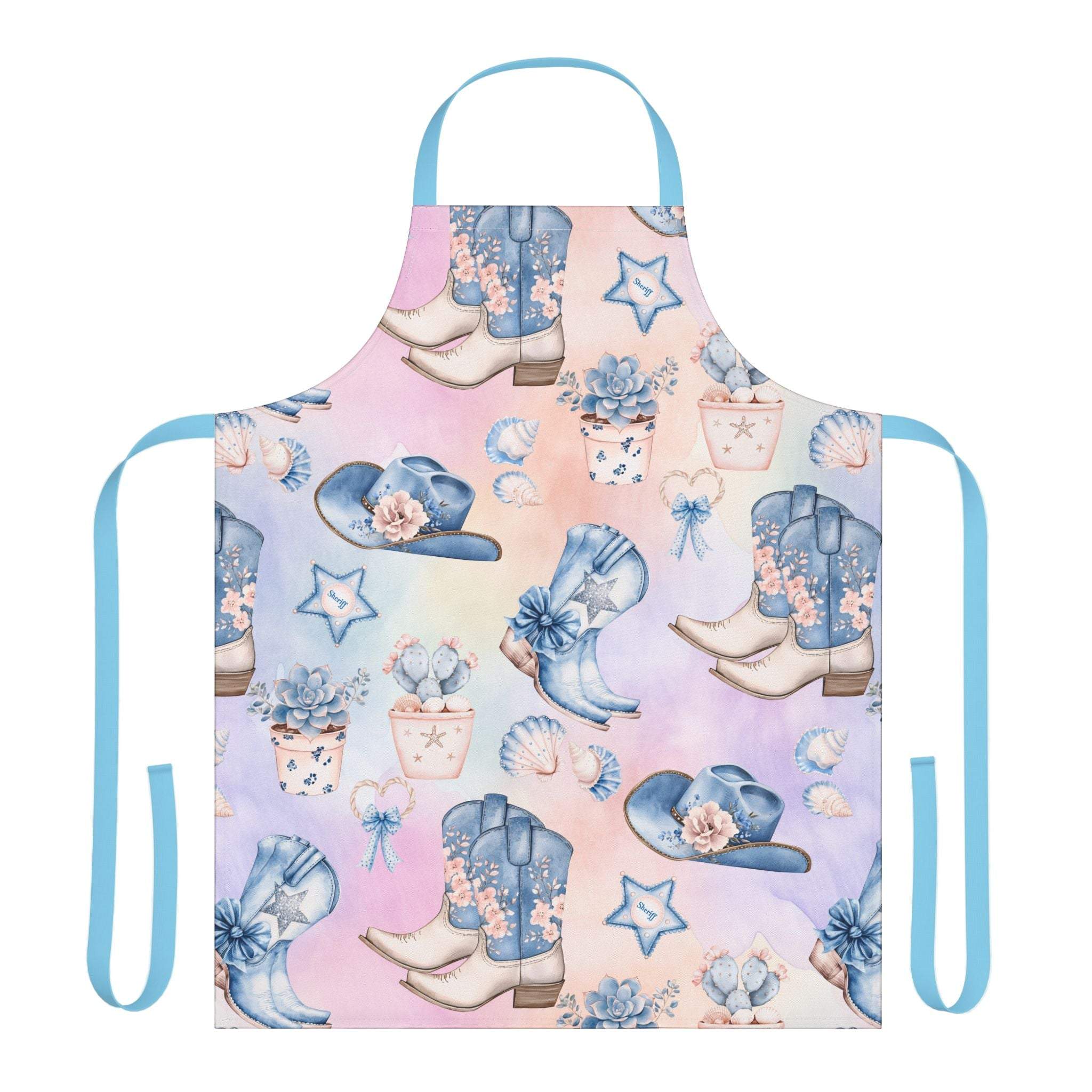 Pastel Coastal Cowgirl apron with beach-themed boots, hats, and floral patterns on soft polyester canvas with blue straps