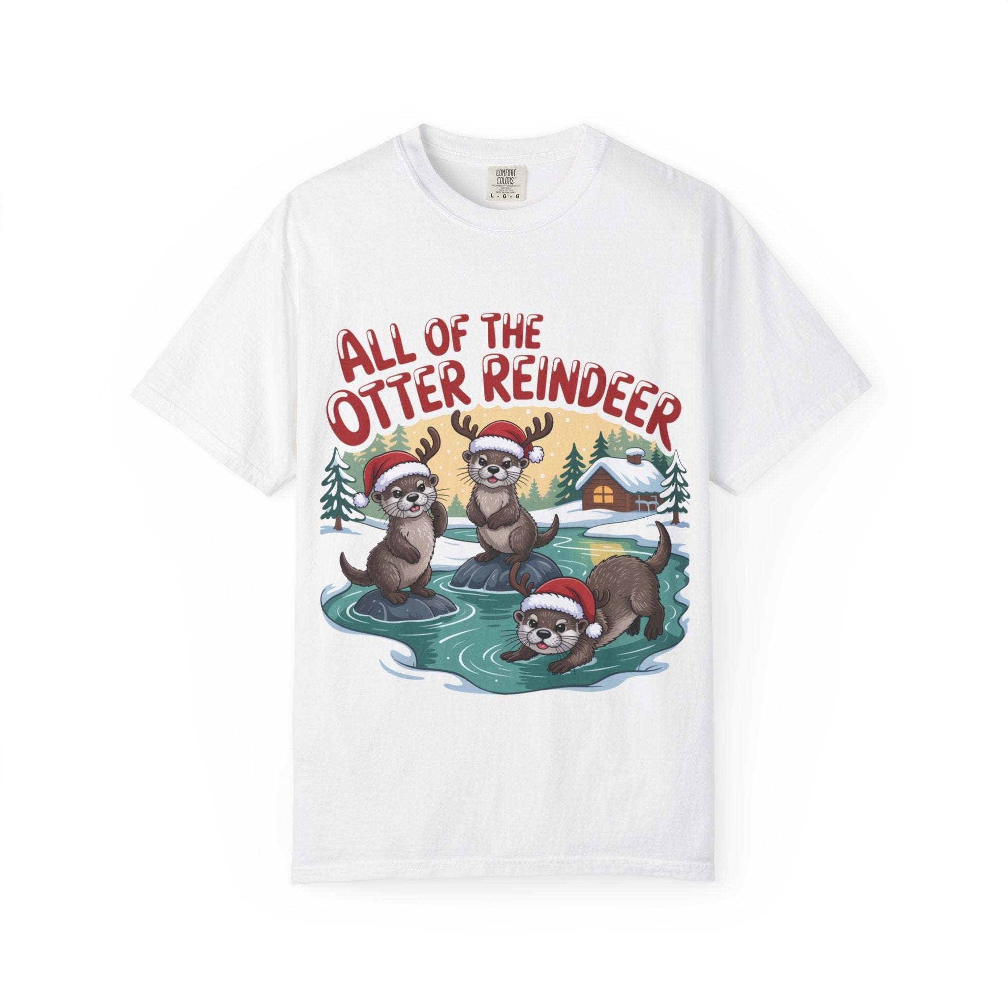 White Otter Reindeer Tee with festive otters in Santa hats and holiday winter scene design