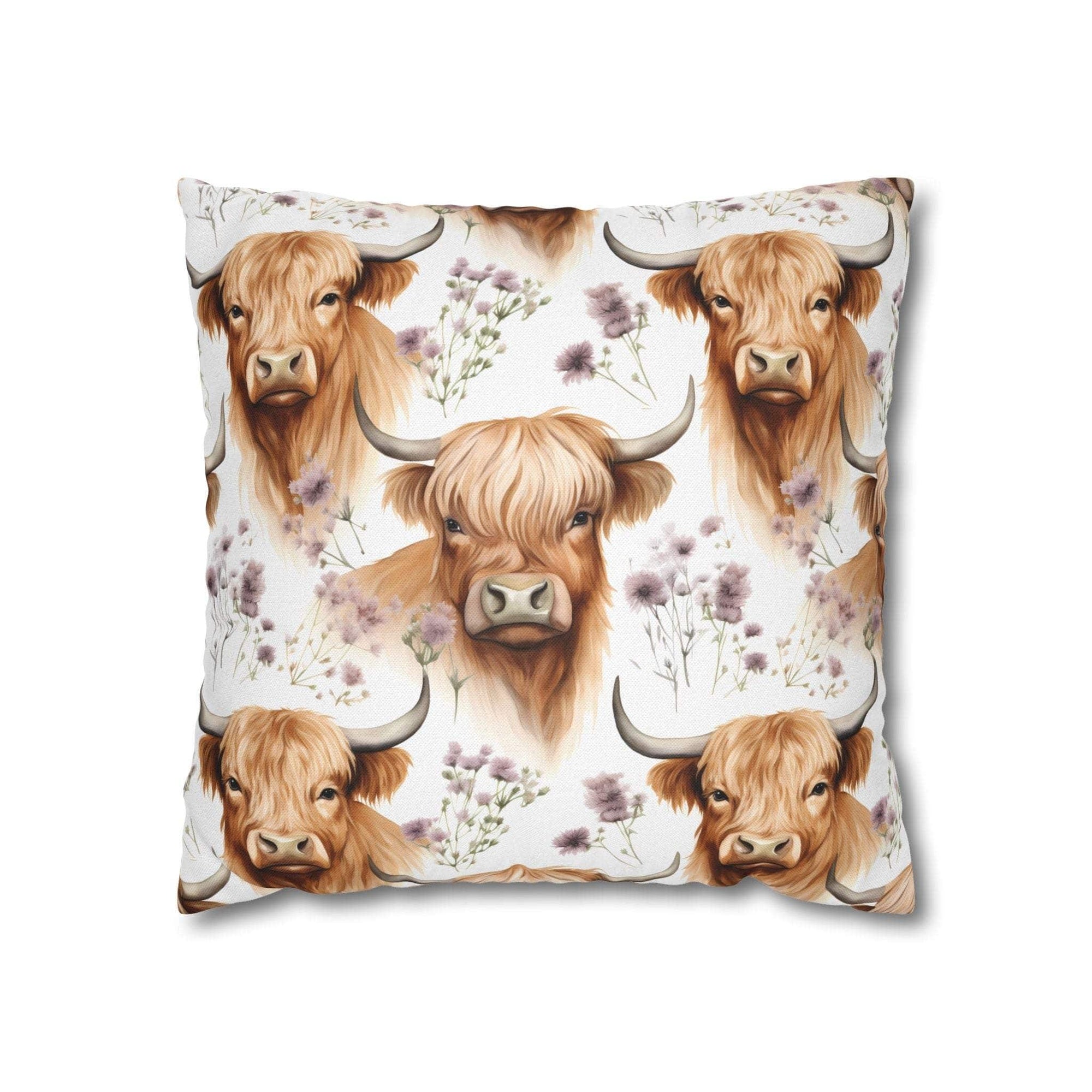 Floral Highland Cow square pillowcase with delicate blooms and rustic farmhouse charm
